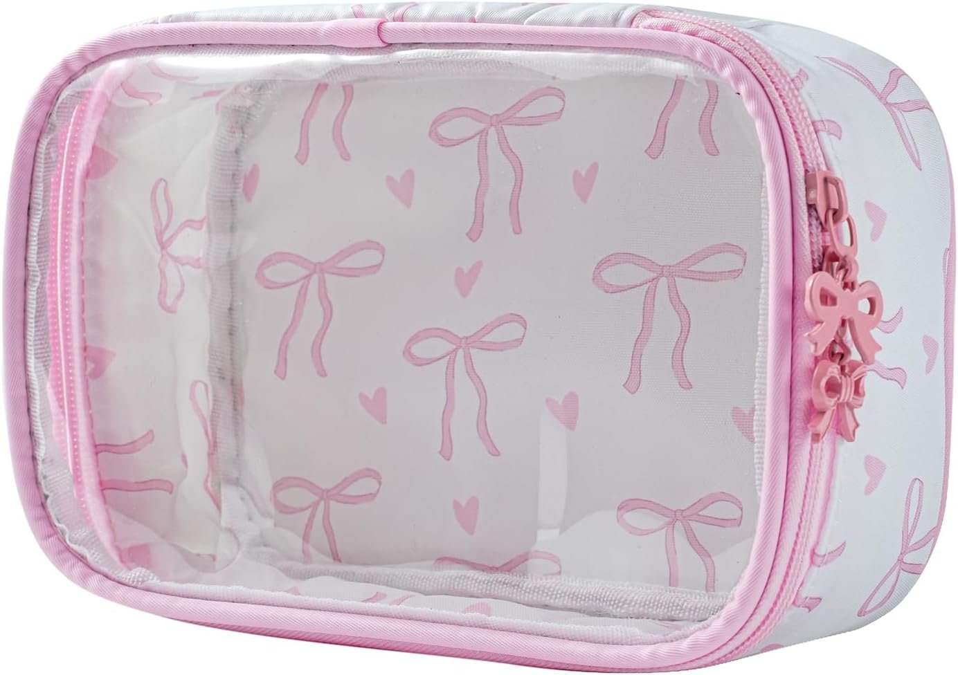 Custom Logo Cute Clear Makeup Bag with Bow Pattern Transparent Nylon Travel Cosmetic Case from Manufacturer Private Label Zipper Portable Organizer Pouch for Essentials Pink