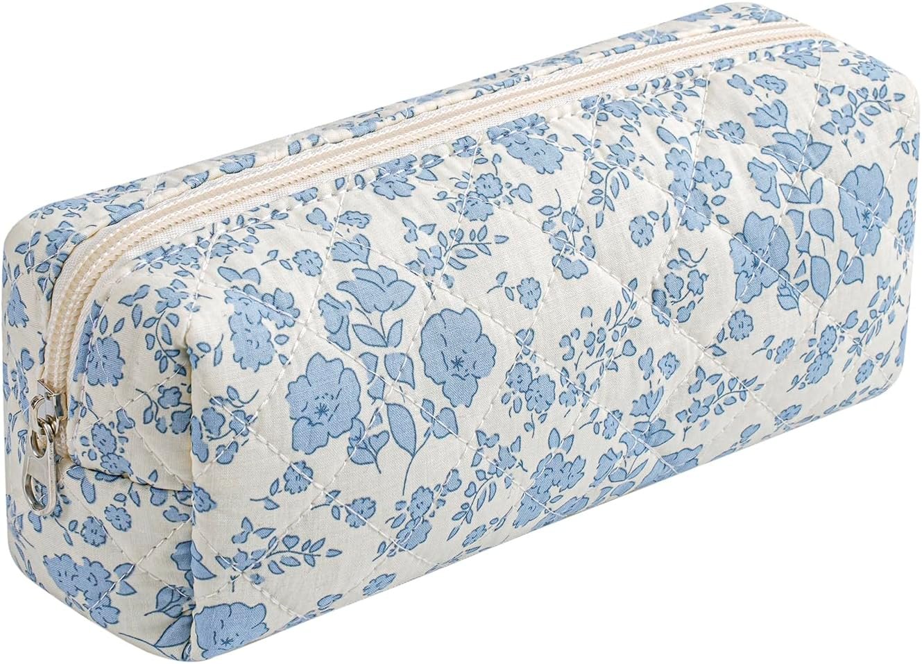 Custom Logo Kawaii Floral Cotton Makeup Brush Cosmetic Bag for Women, Private Label Quilted Zipper Travel Organizer, Flowers Toiletry Case Supplier (Blue Floral)