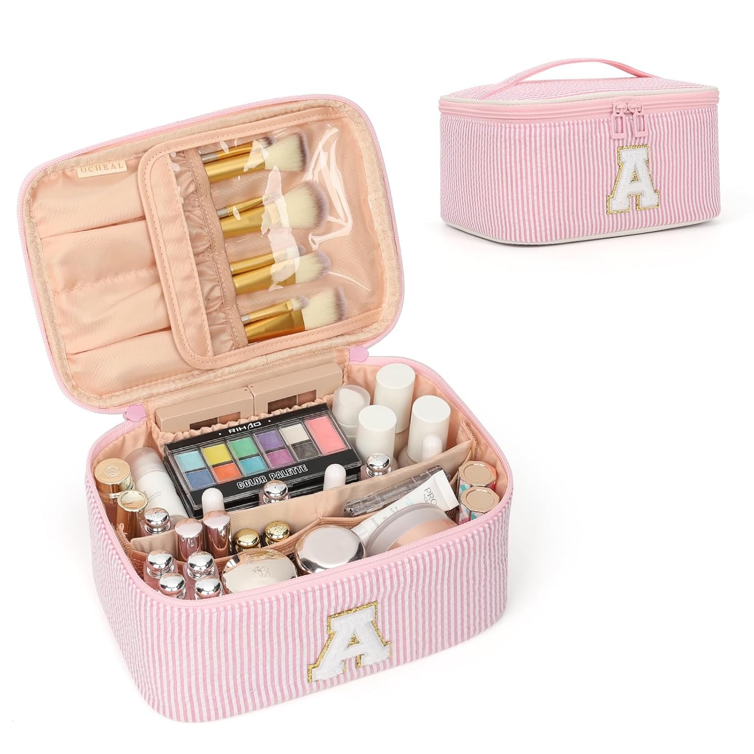 Custom Logo Monogram Makeup Bag Pink Travel Cosmetic Case Toiletry Organizer Private Label Valentines Day Gifts for Women Bridesmaids Personalized Initial A Manufacturer