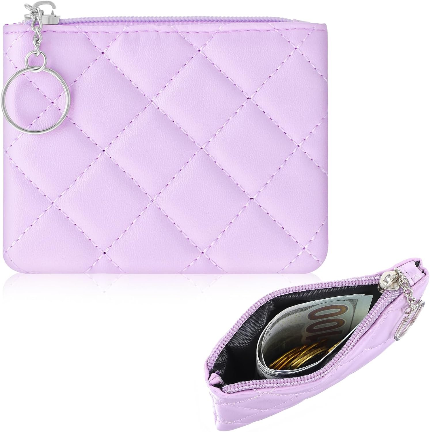 Custom Logo Small Mini Zipper Coin Purse for Women Purple Rhombus PU Leather Private Label Portable Zippered Pouch with Keyring Manufacturer