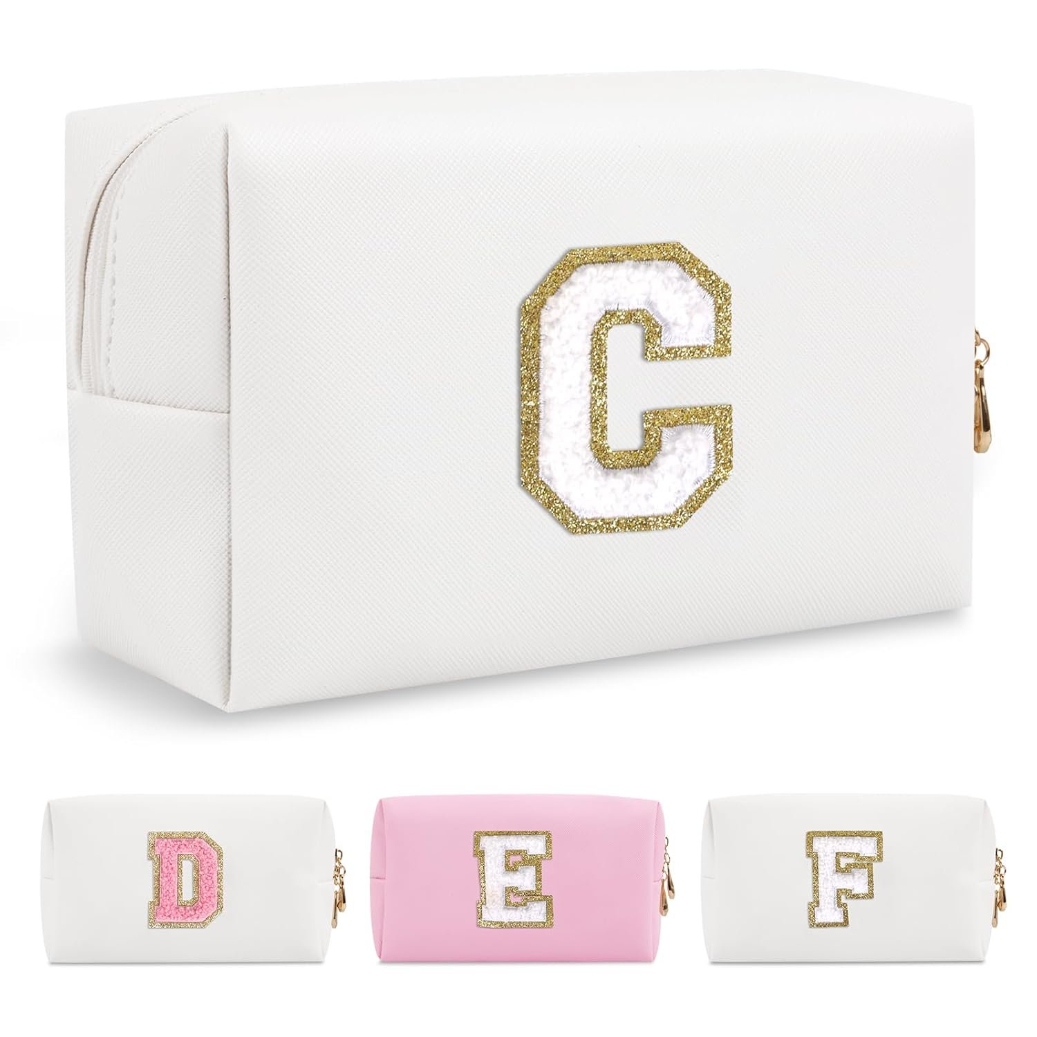 Custom Logo Small Personalized A-Z Initial Preppy Patch Makeup Bag Private Label White PU Chenille Letter C Travel Cosmetic Zipper Pouch Manufacturer Cute Toiletry Gift for Teen Girls Women Teachers Bridesmaids