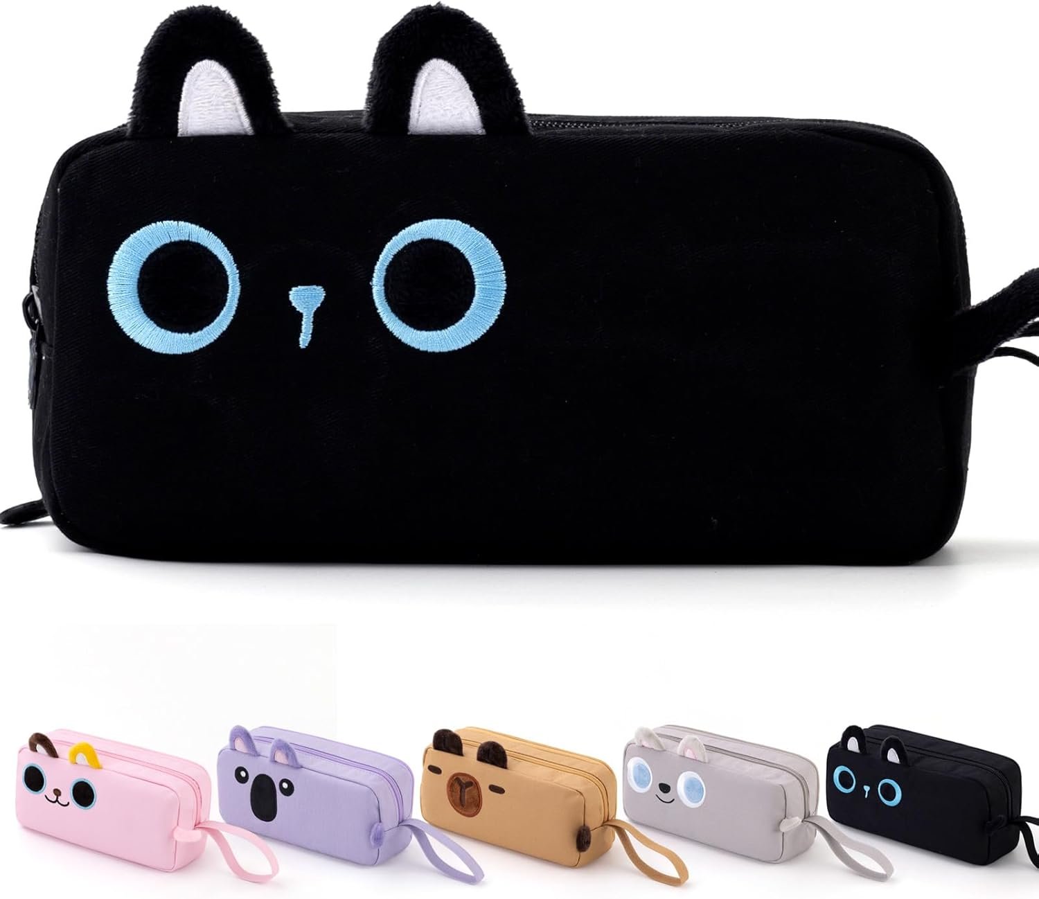 Factory Large Capacity Cartoon Pencil Case, Custom Logo Pen Pouch with Embroidered Animal Design, Private Label School Supplies Bag for Kids Teens Students (Black Cat)