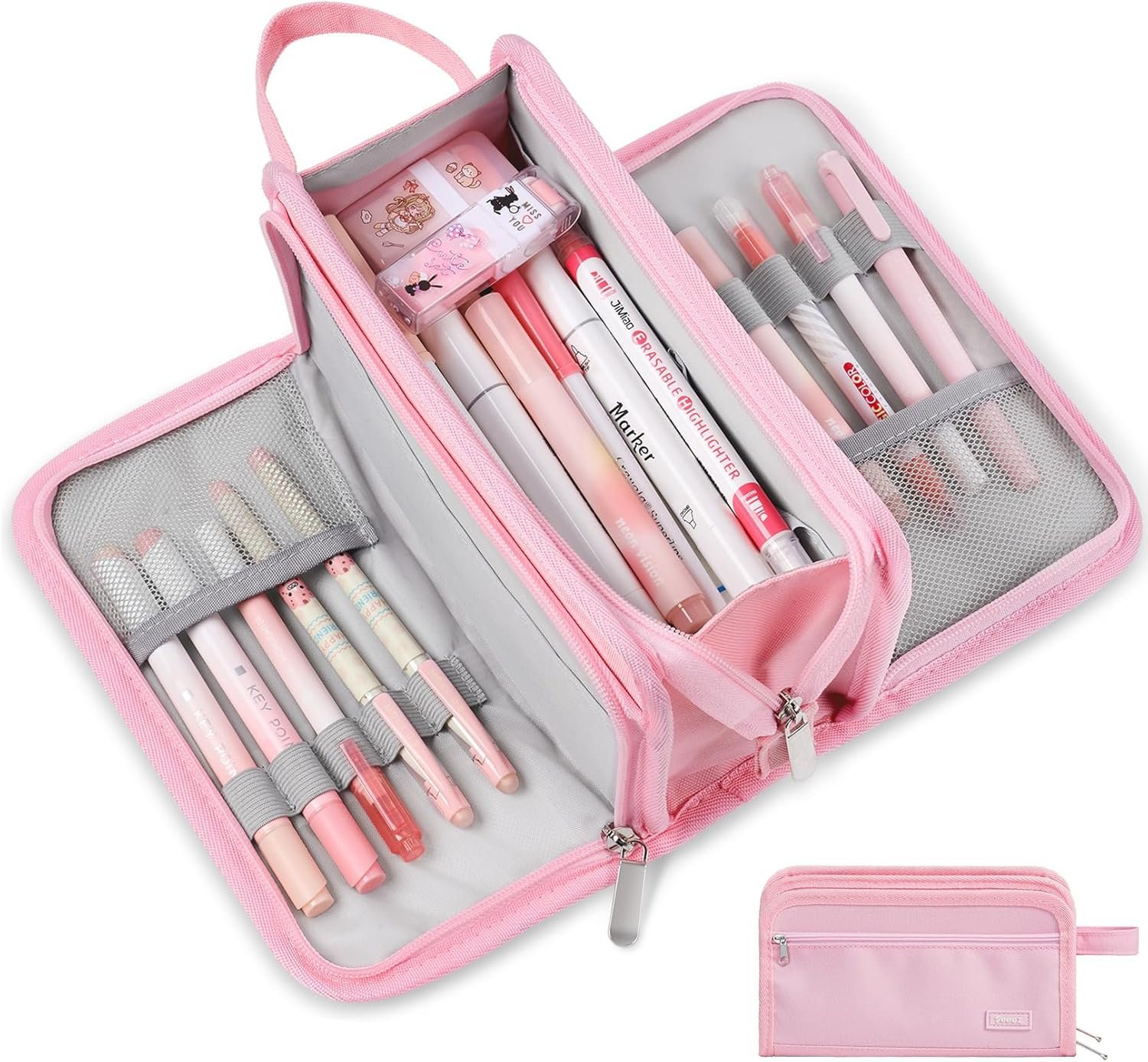 Manufacturer Large Pencil Case Big Capacity Pen Bag with 3 Compartments Private Label Portable Canvas Zipper Stationery Organizer Custom Logo Cute Aesthetic School Supplies for Teen Girls College Pure Pink