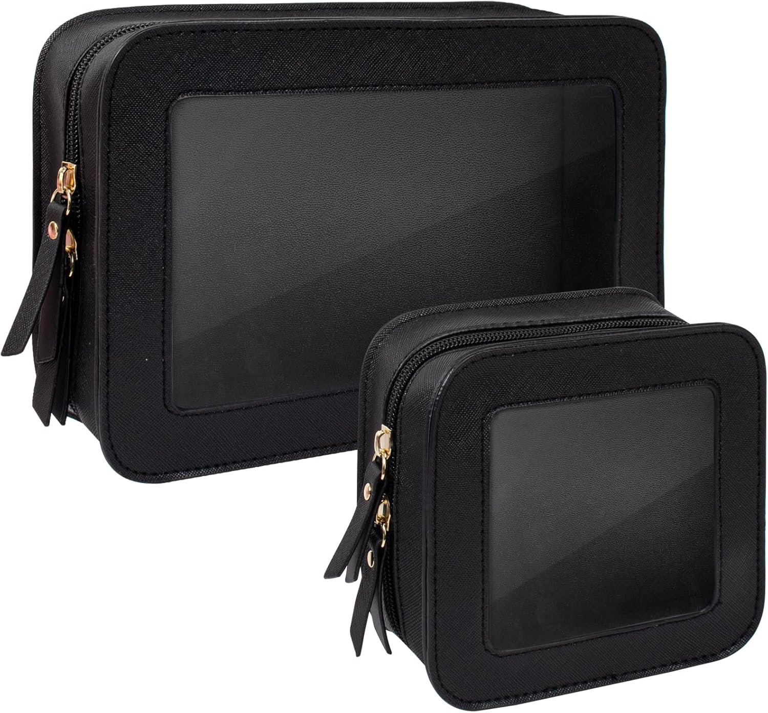 Manufacturer Portable Clear Makeup Bag Set with Custom Logo Waterproof Travel Cosmetic Bag Private Label Black Standard + Mini for Women Men