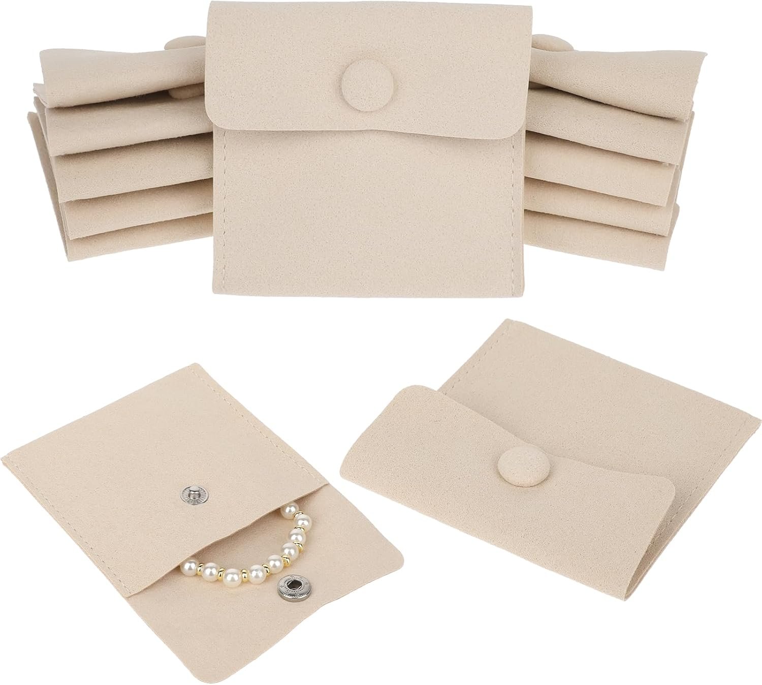 Private Label 12Pcs Microfiber Travel Jewelry Bags Mini Portable Snap Button Pouches Storage Organizer Case with Custom Logo for Women Girls Gift (Beige) by Manufacturer