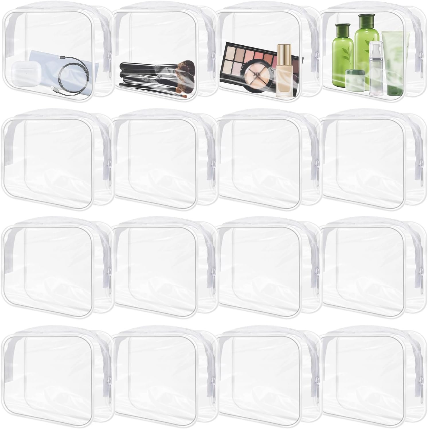 Private Label 16 Pieces TSA Approved Clear Makeup Bags Bulk, Custom Logo Waterproof PVC Small Cosmetic Toiletry Travel Pouches with Zipper White Border Supplier