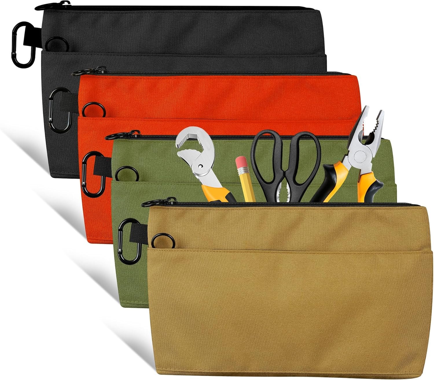 Private Label 4 Pack Small Tool Pouch Bag Durable Water-Resistant Portable Organizer with Zipper Pocket Ring Clip Custom Logo 4 Colors Supplier for Electrician Carpenter Home Repair DIY Tools Accessories