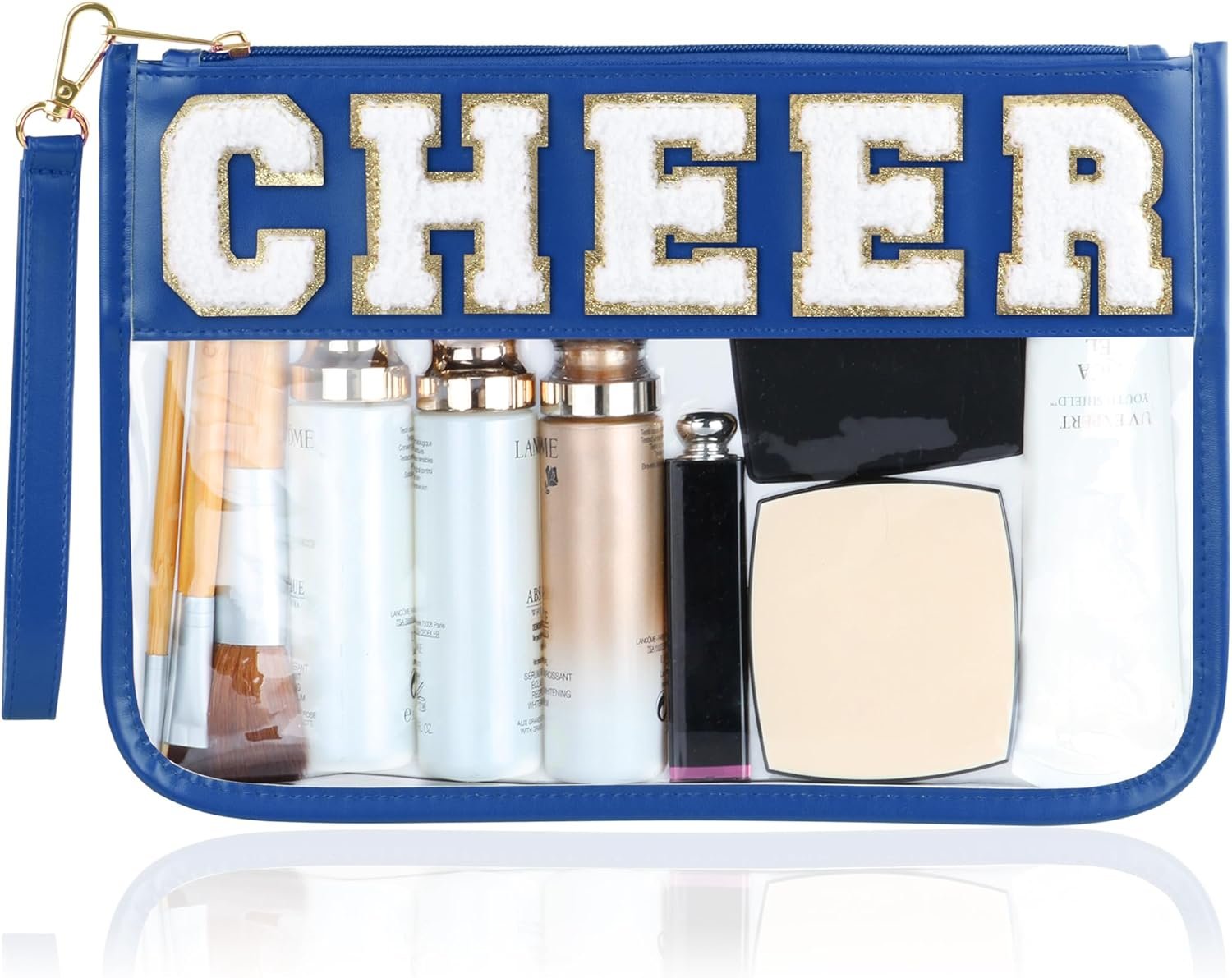 Private Label Cheer Chenille Letter Clear Makeup Bag Cheerleader Cosmetic Pouch Custom Logo Varsity Preppy Patch Flat Organizer Waterproof PVC Toiletry Accessories Navy Blue for Women Girls Manufacturer
