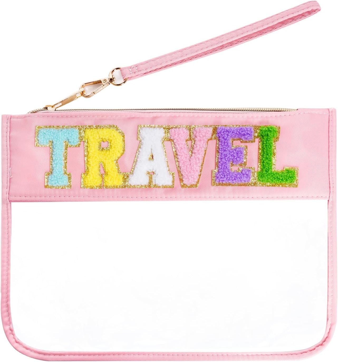 Private Label Chenille Letter Clear Nylon Makeup Cosmetic Bags Custom Logo Flat Pouches with Zipper for Travel Gym Beach Pink Manufacturer