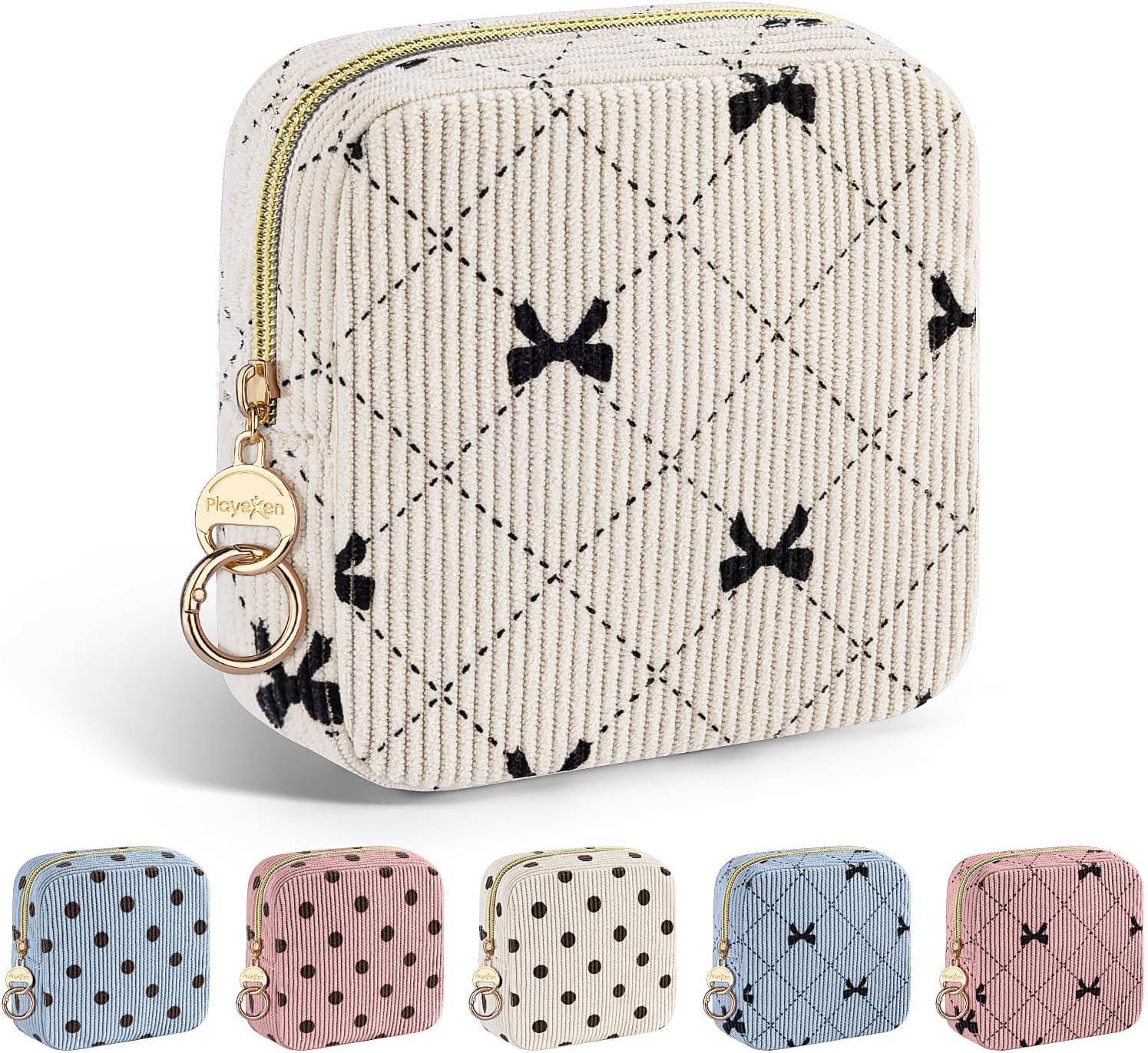 Private Label Corduroy Small Makeup Bag, Mini Cosmetics Bag with Custom Logo for Purse, Manufacturer Small Travel Makeup Pouch for Women Birthday Wedding Christmas Gifts (Bow Tie-Beige)