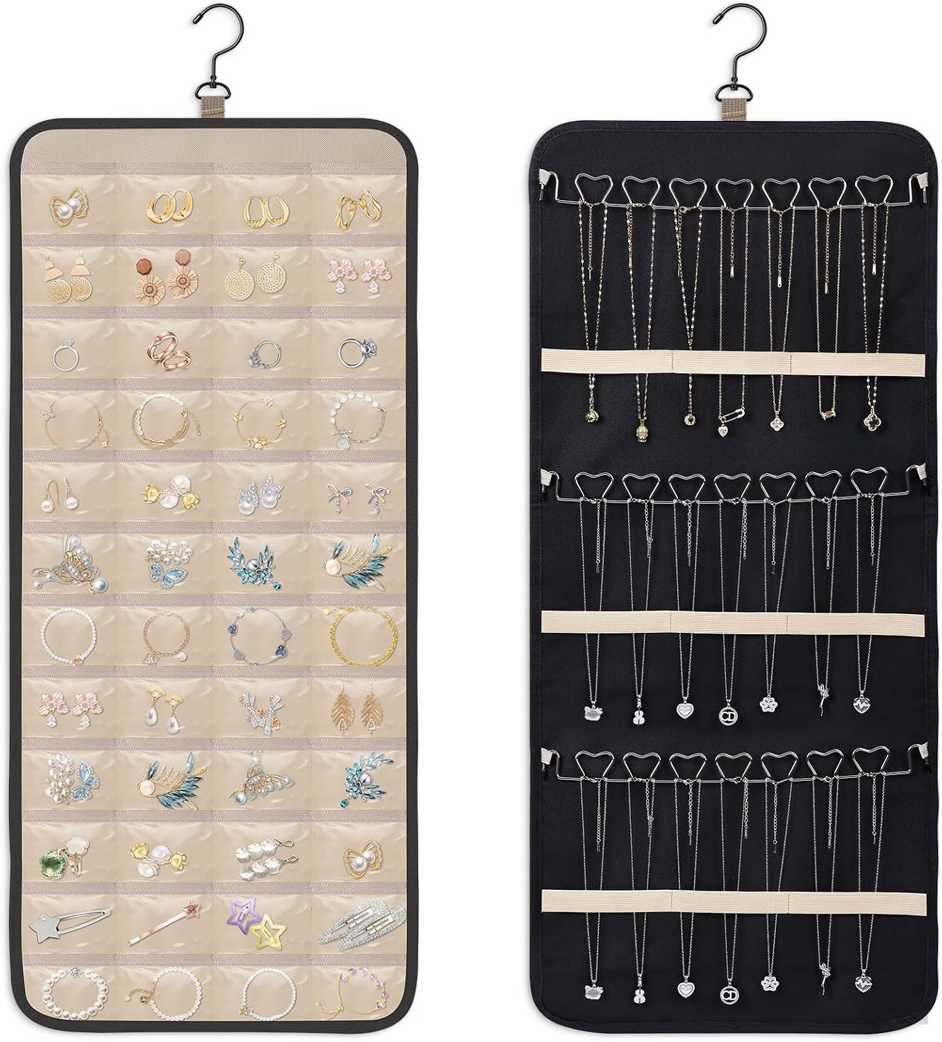 Private Label Double-Sided Hanging Jewelry Organizer Large Black Storage Roll Custom Logo for Earrings Necklaces Rings 48 Pockets 21 Hooks Durable Oxford Fabric for Closet Wall Door Manufacturer