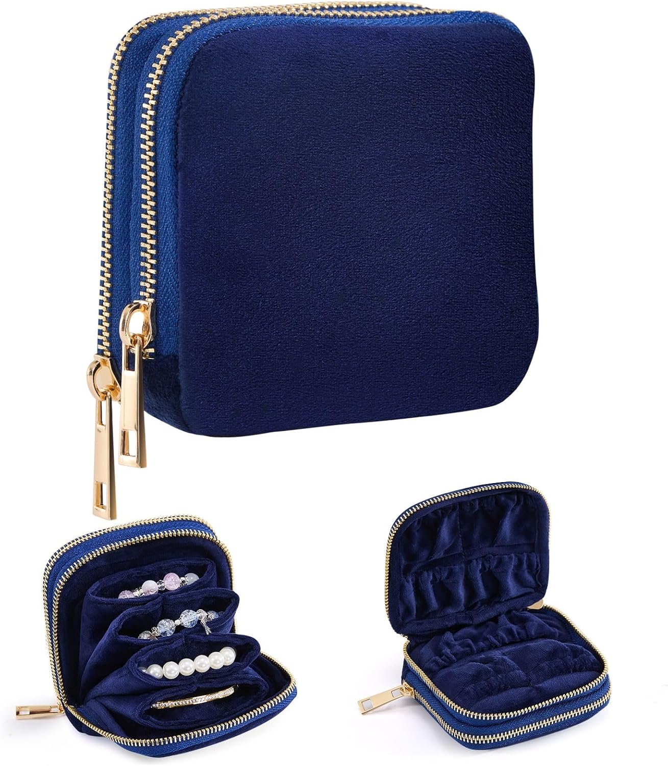 Private Label Double-Zip Travel Jewelry Pouch, Custom Logo Multi-Compartment Organizer Bag with Soft Velvet for Rings Earrings Bracelets, Small Manufacturer Jewelry Case - Blue Flexible Gift for Women