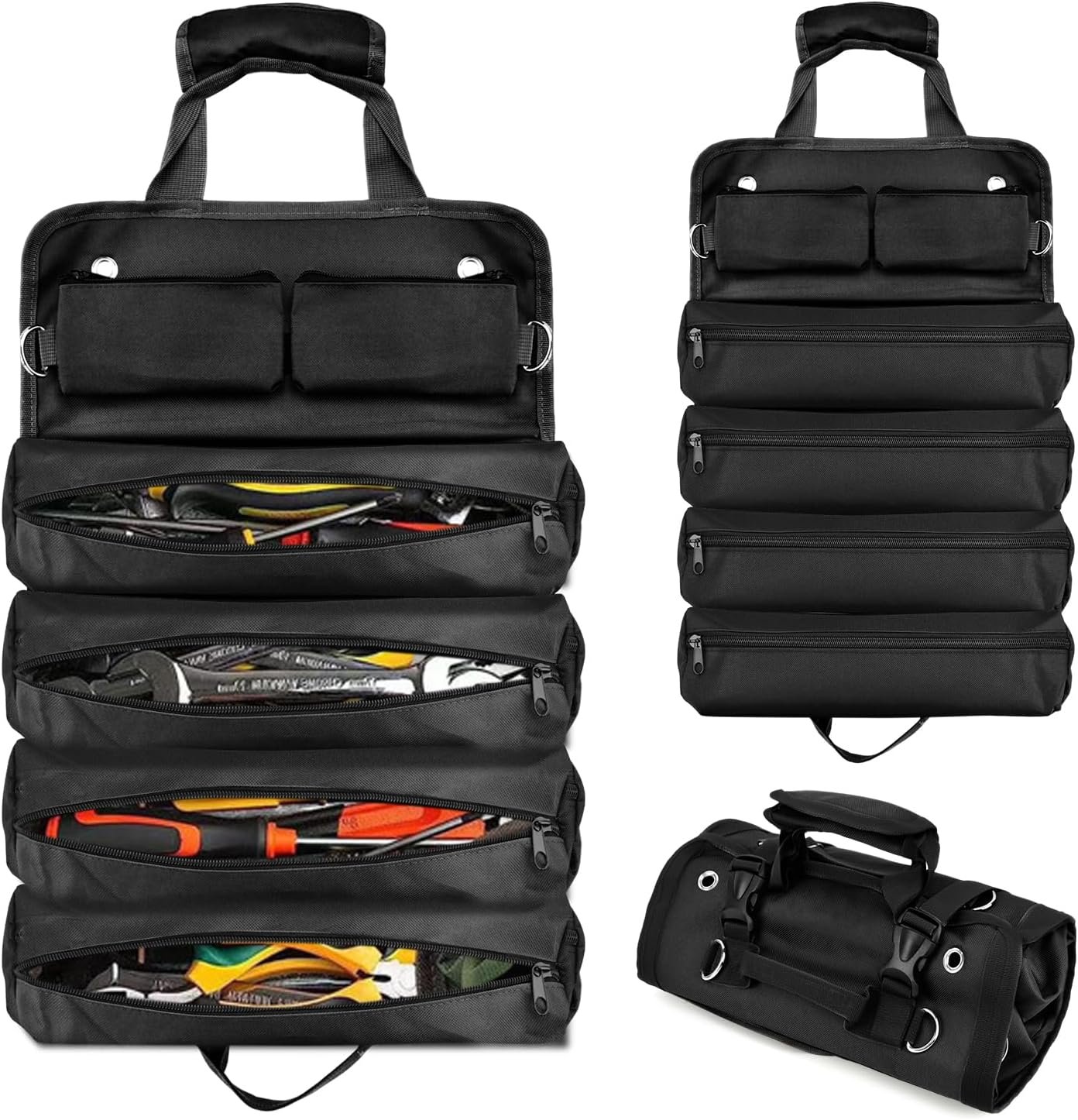 Private Label Heavy-Duty Waterproof Roll-Up Tool Bag with 4 Compartments & 2 Detachable Pouches, Custom Logo Compact Tool Organizer for Mechanics Handymen Electricians RV & Motorcycle Storage (Black, Large) Manufacturer