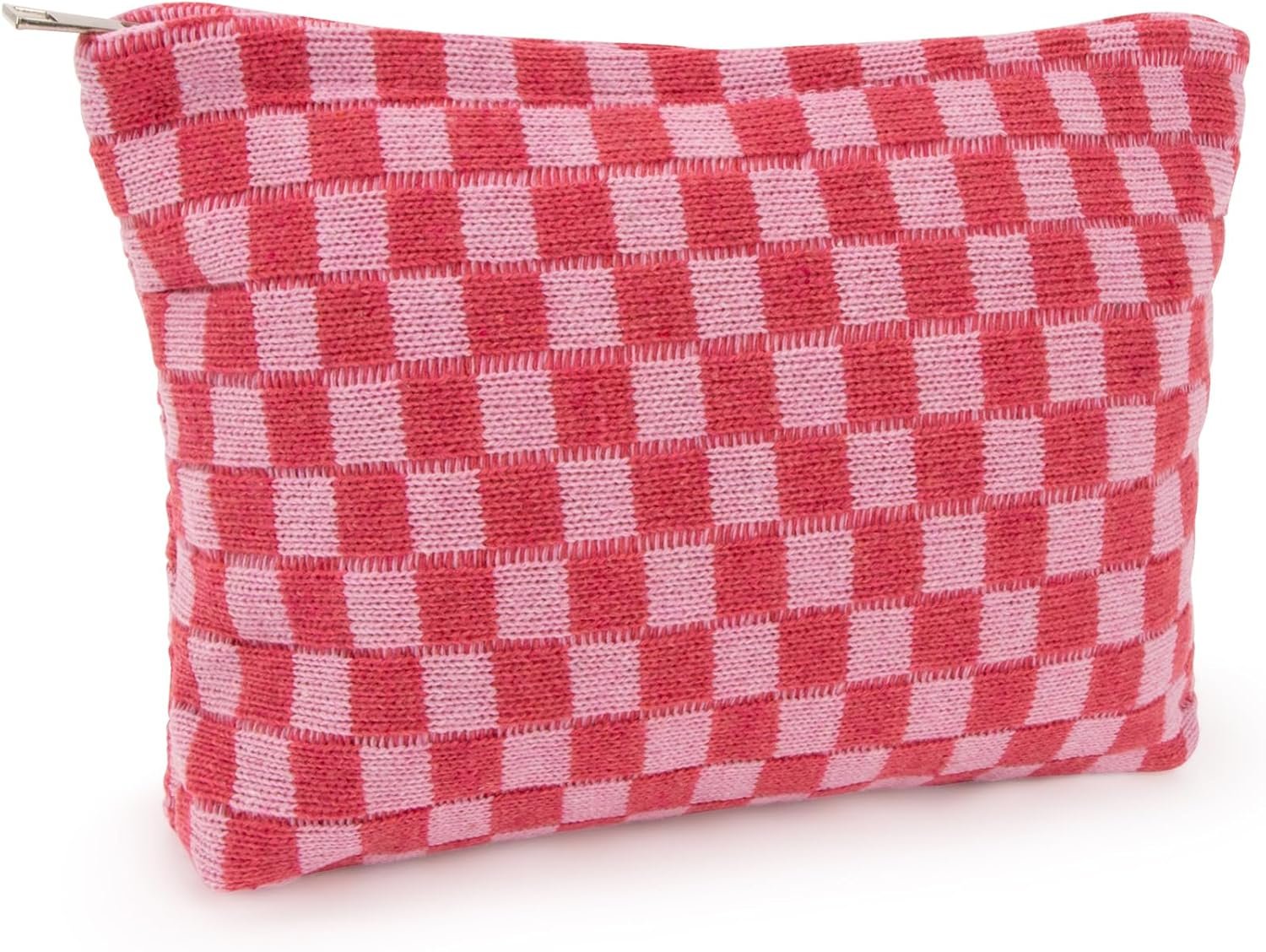 Private Label Large Checkered Makeup Bag Custom Logo Cosmetic Pouch for Women Toiletries Makeup Brushes Travel Purse Storage Supplier Rose Red