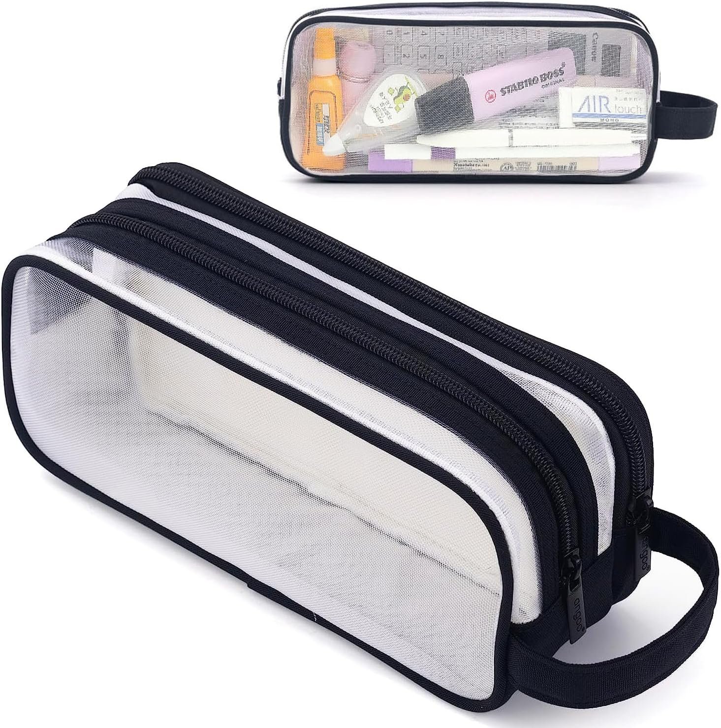 Private Label Large Grid Mesh Pencil Case 2 Compartments Clear Zipper Pen Pouch Custom Logo Multifunctional Transparent Stationery Bag for School College Office Teens Makeup Travel Manufacturer Black