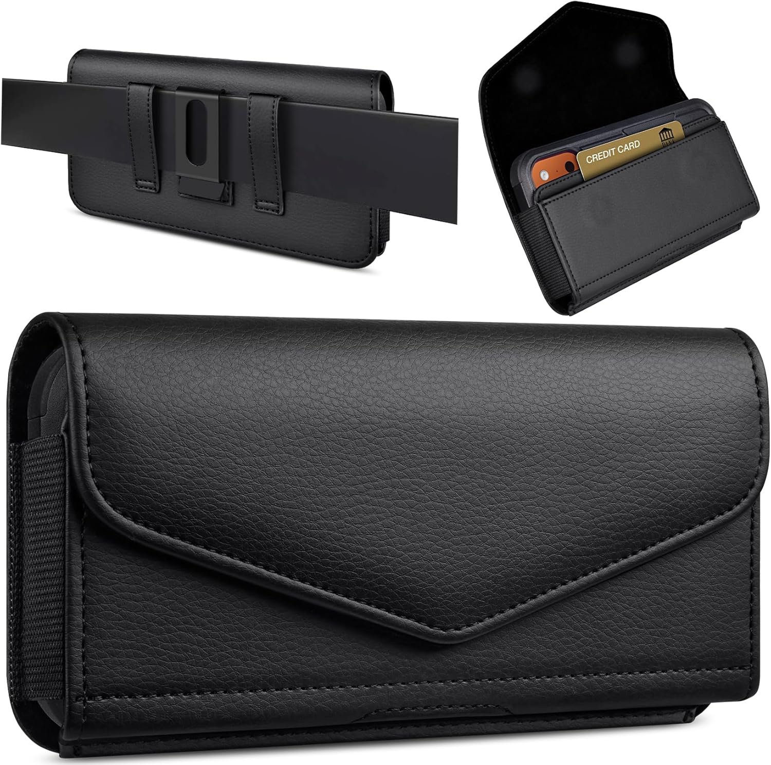 Private Label Leather Cell Phone Holster with Custom Logo Card Holder and Belt Clip Protective Case for iPhone Pro Max Plus 17 16 15 14 13 12 16e Samsung Galaxy FE Plus S25 S24 S23 S22 L-Black Manufacturer