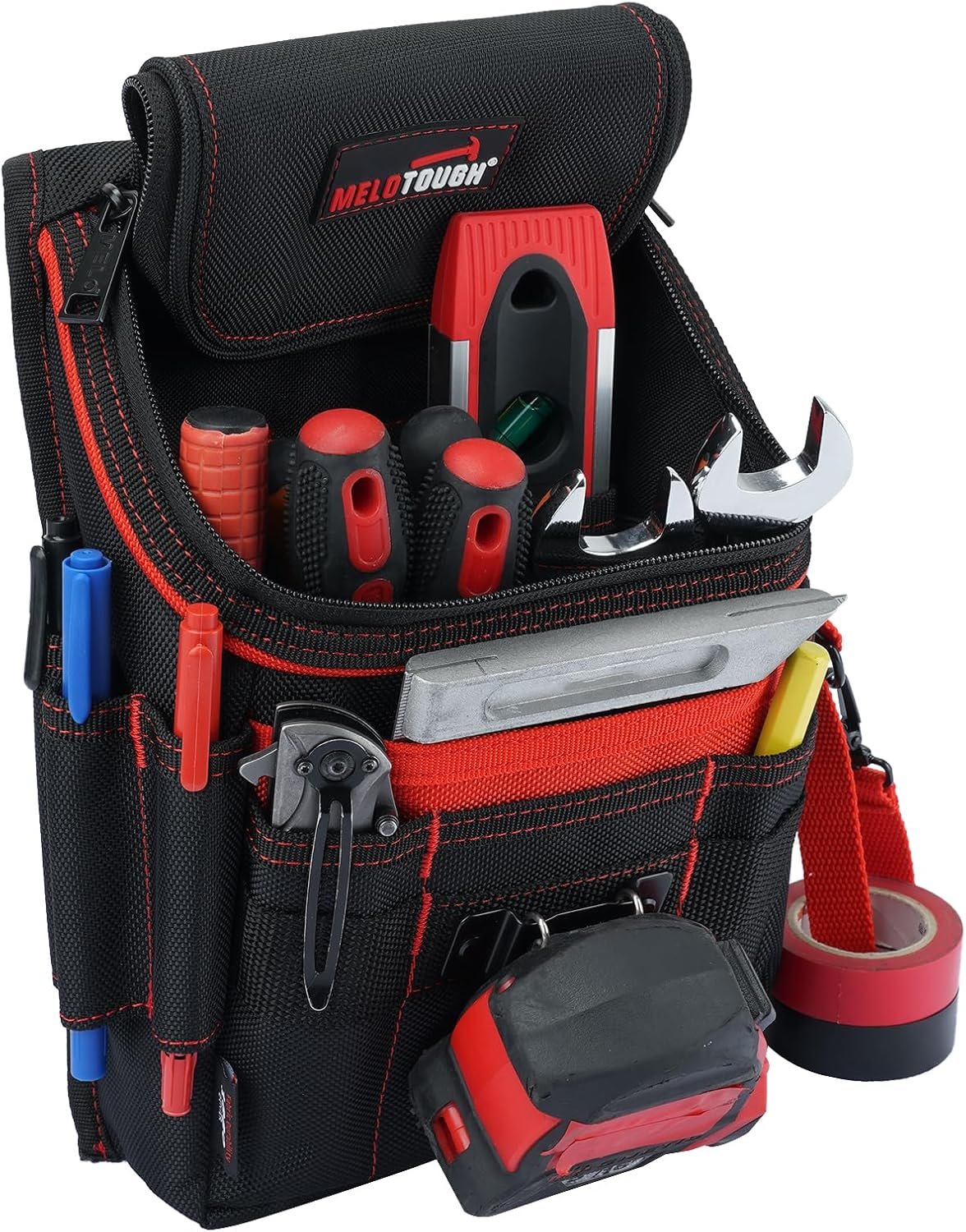 Private Label Medium Ziptop Tool Pouch with Belt Clip 16-Pocket Heavy Duty Zippered Utility Pouch Manufacturer for Electricians Tape Measure Clip Electrical Tape Strap Custom Logo for Carpenters Plumbers HVAC Red