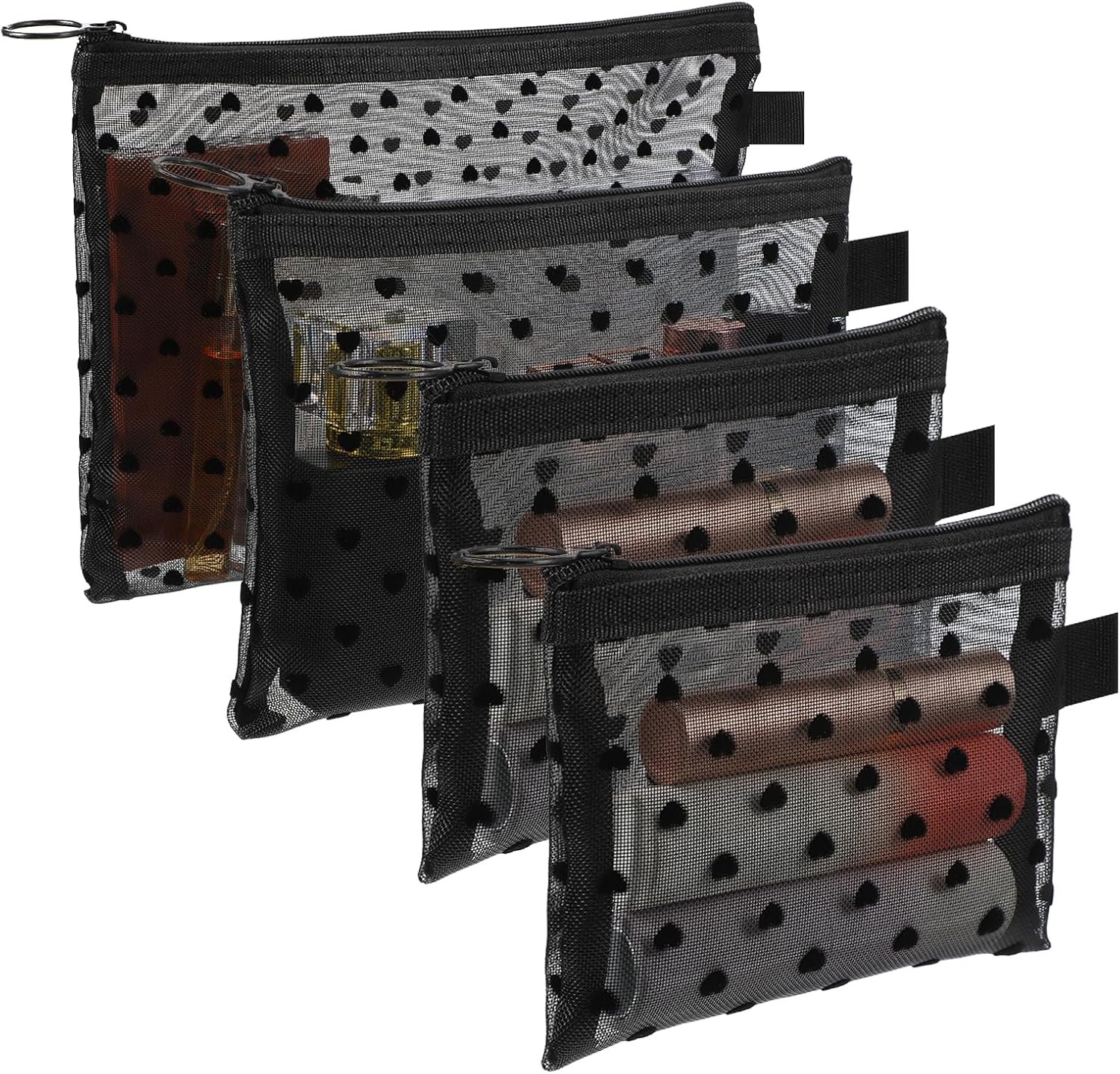 Private Label Mesh Zipper Makeup Bags 4pcs Toiletry Bag Set 3 Sizes Heart Print Custom Logo Purse Organizers 3D Heart-shaped Nylon Storage Pouch for Women Lipstick Travel Home Offices Manufacturer (Black)