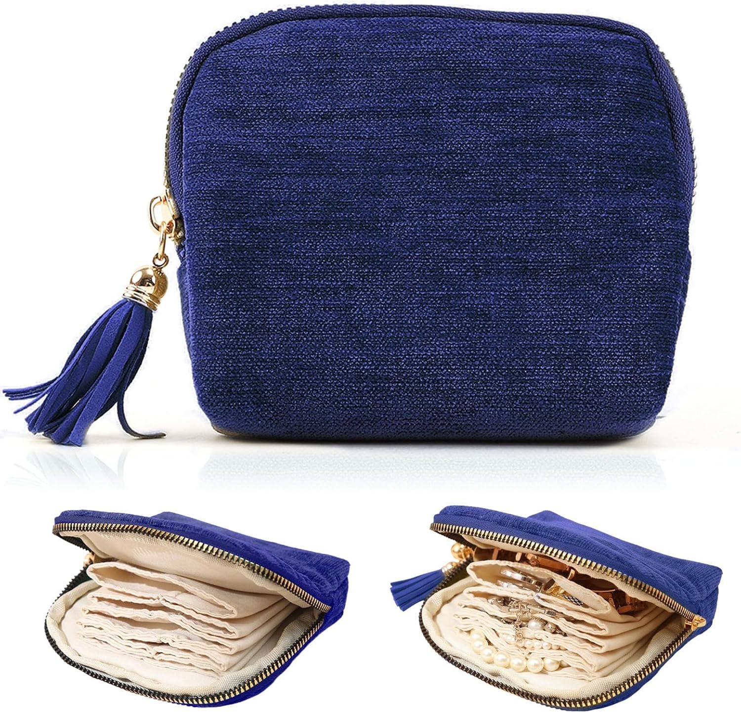 Private Label Mini Travel Jewelry Organizer Pouch with Zipper Custom Logo Small Portable Velvet Case for Earrings Rings Bracelets Gift for Women Blue Supplier