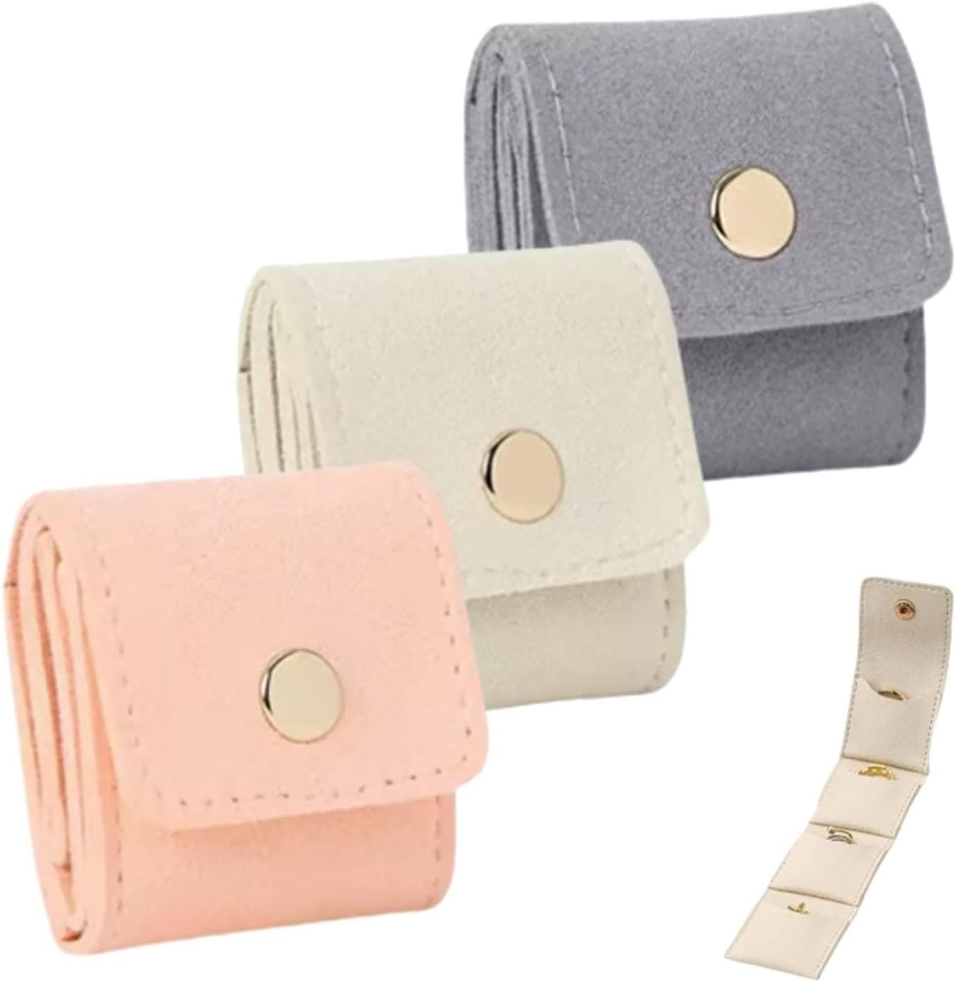 Private Label Mini Travel Jewelry Roll Bag with Buckle, Custom Logo Portable Foldable Organizer Case, Manufacturer Small Jewelry Box for Earrings Rings Necklaces (Gray+Pink+White)