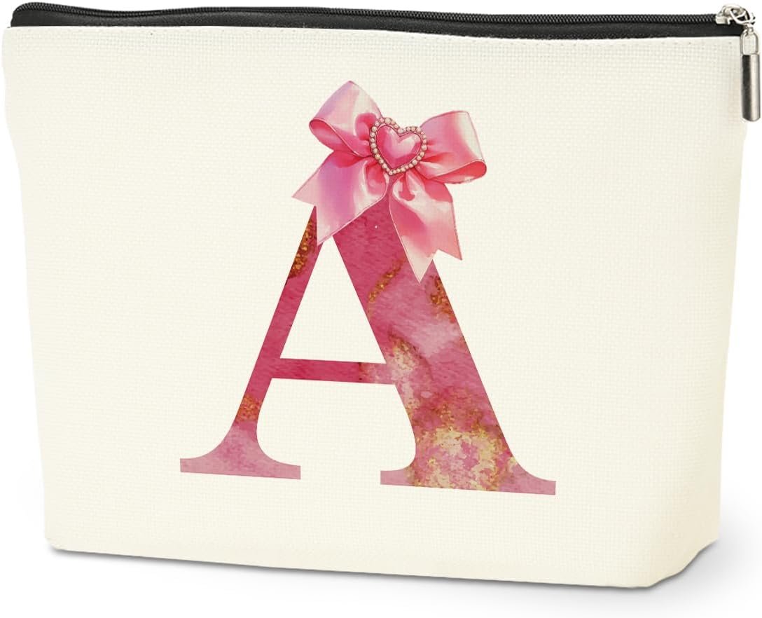 Private Label Personalized Initial Monogram Bow Makeup Bag Travel Toiletry Cosmetic Pouch Preppy Organizer Custom Logo Pink Mother's Day Wedding Birthday Gifts for Women Sisters Teachers Girls Supplier