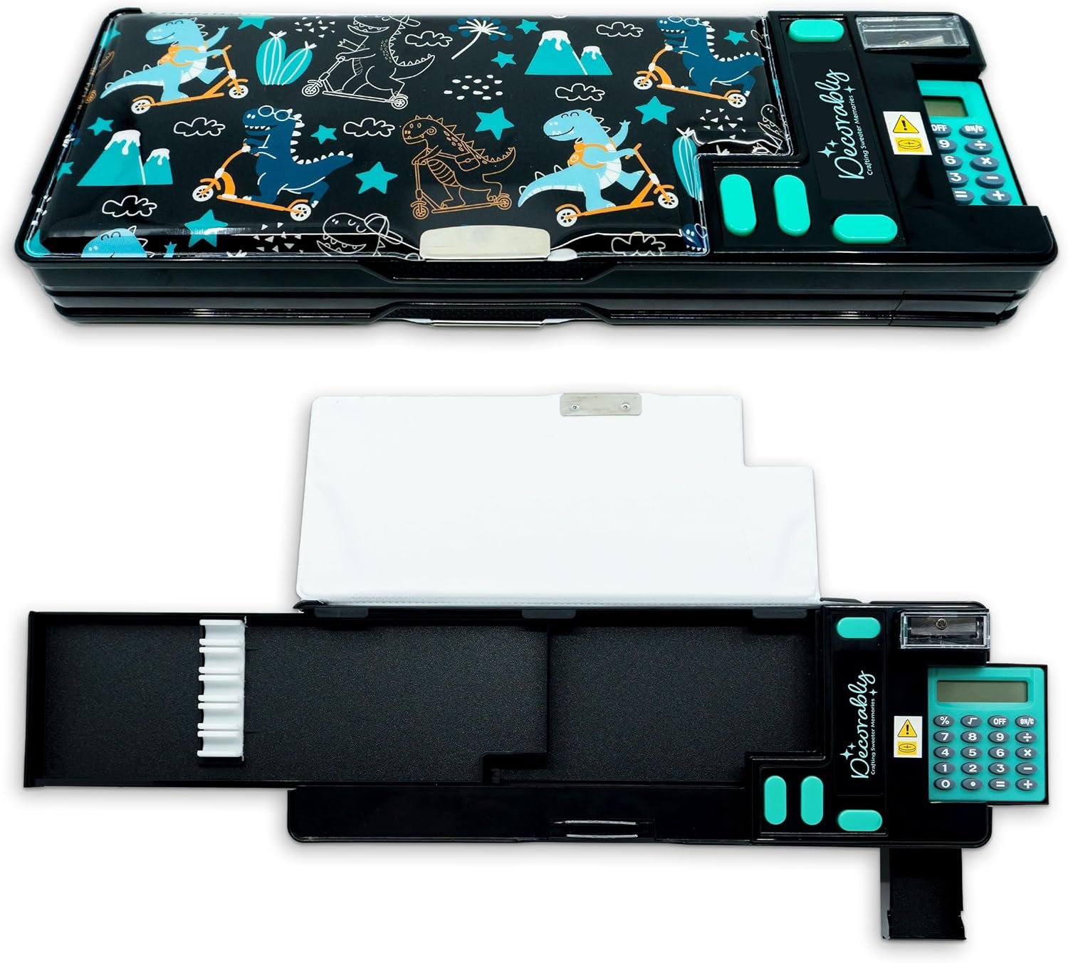 Private Label Pop-Up Multifunction Dinosaur Pencil Case with Calculator, Sharpener, Pen Slots, Mini Drawer, Custom Logo, 2 Main Compartments & Magnetic Closure for Boys - Manufacturer Back to School Gift for Kids