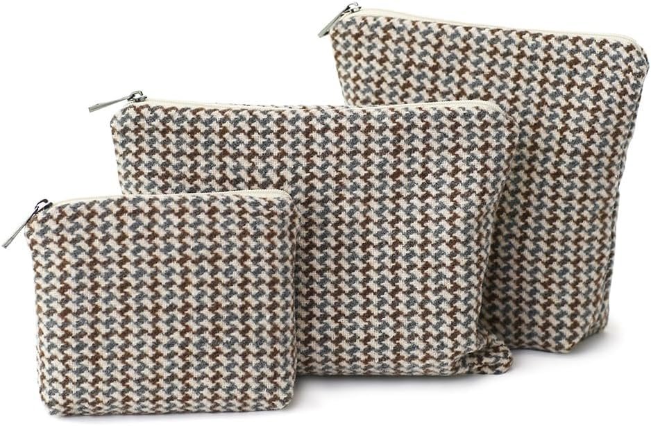 Private Label Small Cosmetic Bag Set of 3 Tweed Makeup Bags Custom Logo 3 Sizes Zipper Pouch Organizer for Travel Toiletries Factory