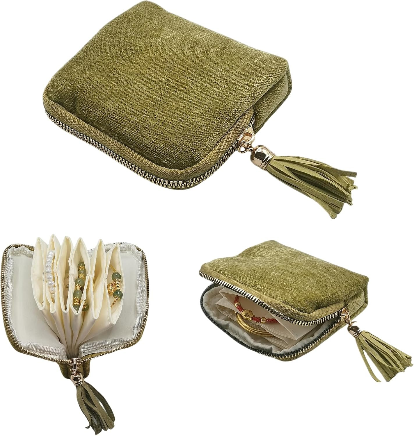 Private Label Small Travel Jewelry Case - Custom Logo Organizer Bag with Tassel Zipper for Bracelets Necklaces Bangles Olive Green - Manufacturer Storage Gift for Women Girls