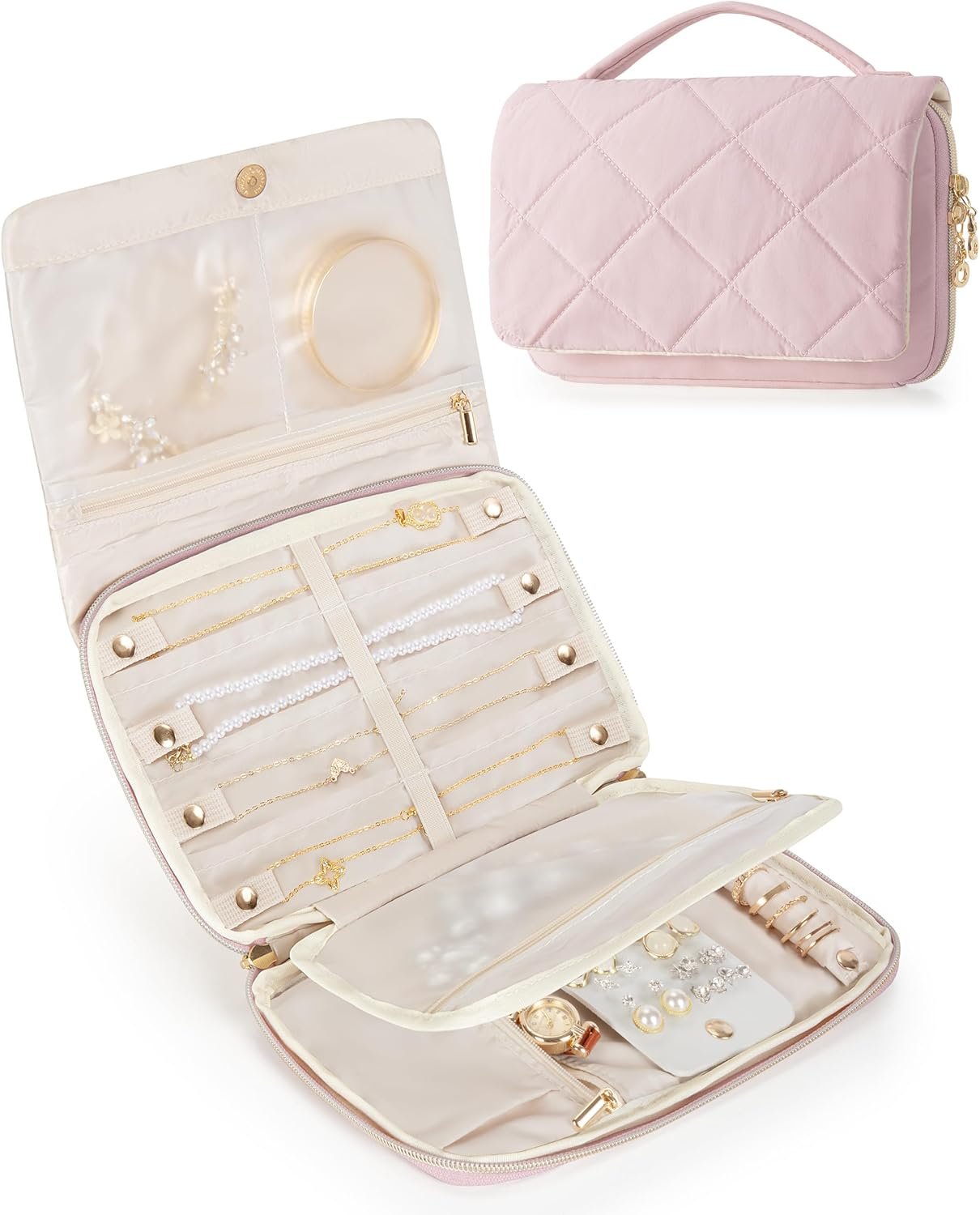 Private Label Travel Jewelry Organizer Case for Women Foldable Custom Logo Jewelry Bag for Earrings Rings Necklaces Bracelets Brooches Pink Manufacturer