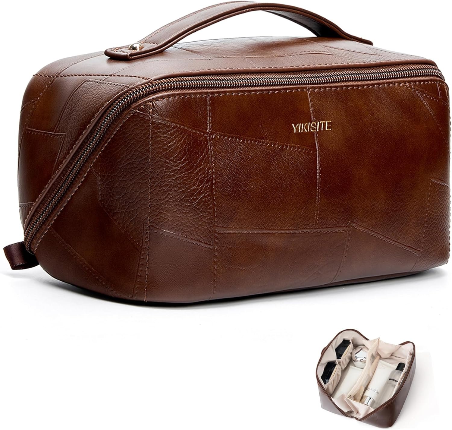 Private Label Waterproof PU Leather Makeup Cosmetic Bags, Travel Toiletry Organizer Pouch with Custom Logo Divider for Women Supplier (Brown)