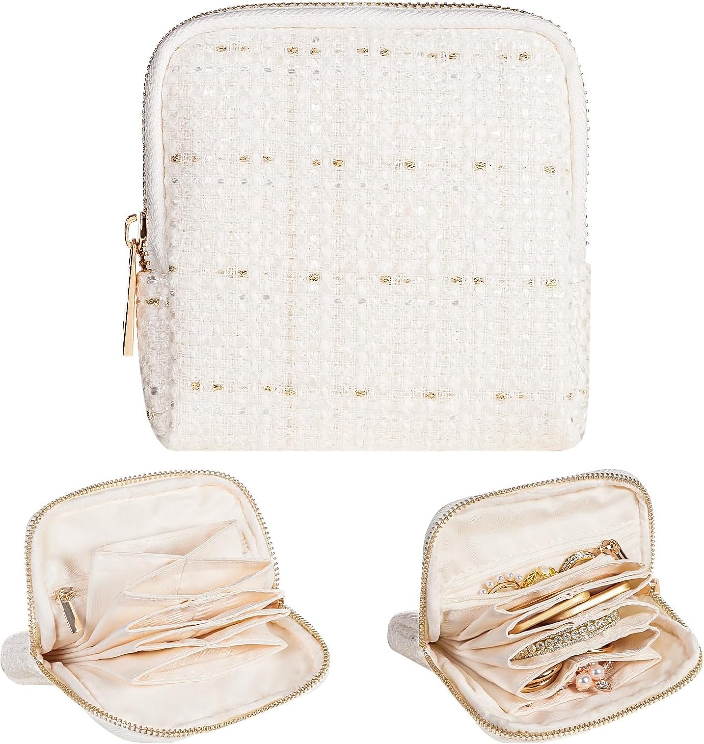 Private Label Women's Travel Jewelry Case Soft Bag with 5 Pouches for Rings Earrings Necklaces Custom Logo Christmas Birthday Gifts White Manufacturer