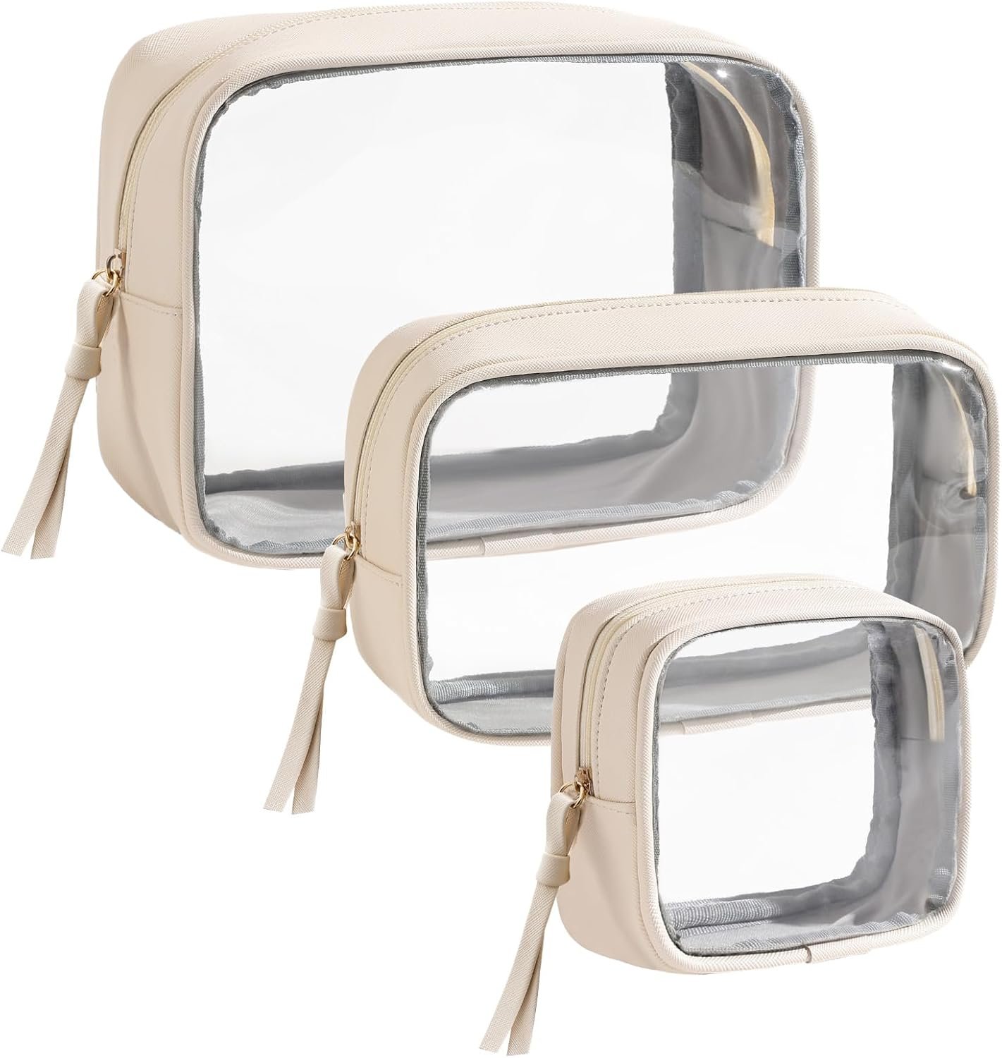 Wholesale 3 Pack Clear Travel Makeup Toiletry Bags for Women Cosmetic Organizer Zipper Pouches Beige Supplier