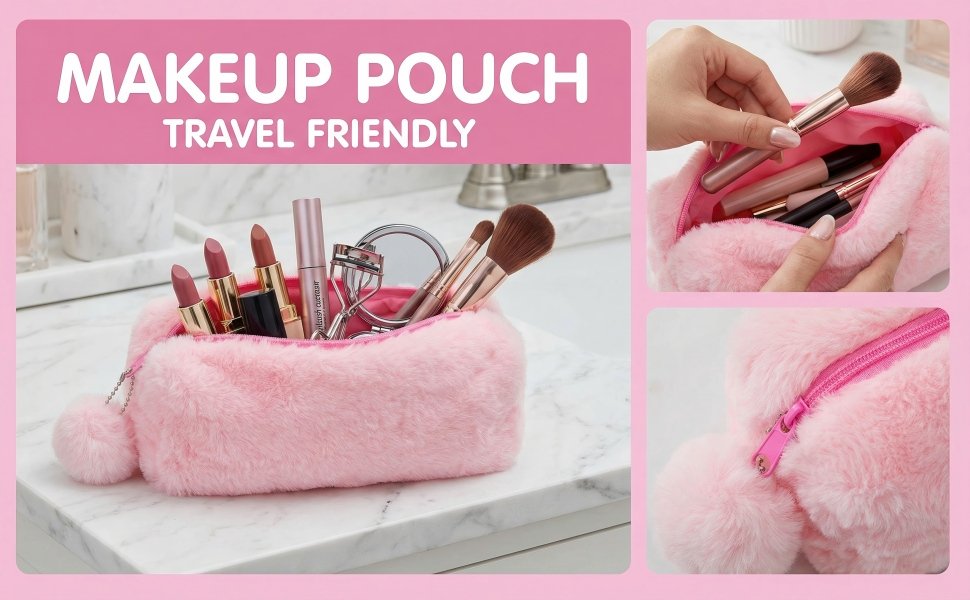 Private Label Cute Fluffy Faux Fur Pink Pencil Pouch Bag Pen Case, Soft Plush Organizer with Zipper Pom Pom Charm and Custom Logo, Kawaii Stationery Manufacturer for Girls