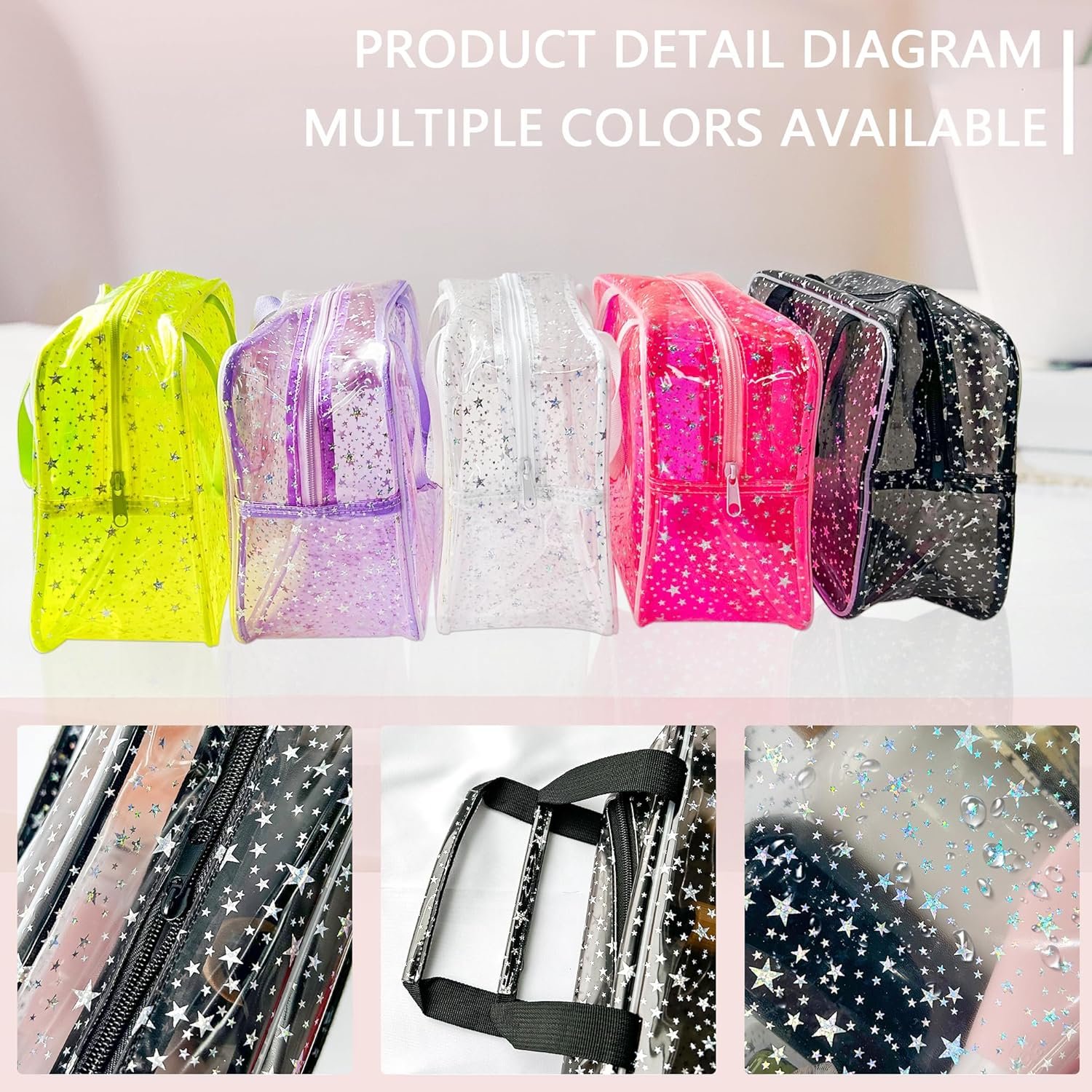 Private Label Hot Pink Star Large Cosmetic Bag 12x5x8 Inch Travel Pouch with Handle Durable PVC Zipper Custom Logo by Manufacturer