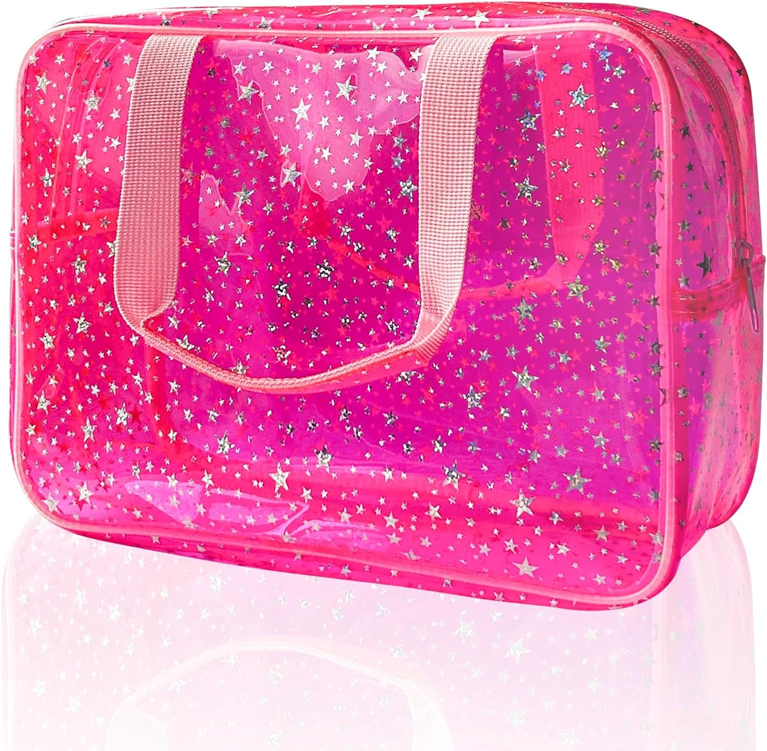 Hot Pink Star Large Cosmetic Bag 12x5x8 inch Travel Pouch with Handle,Durable PVC Material,Zipper Design-Ideal for Makeup,Travel Essentials