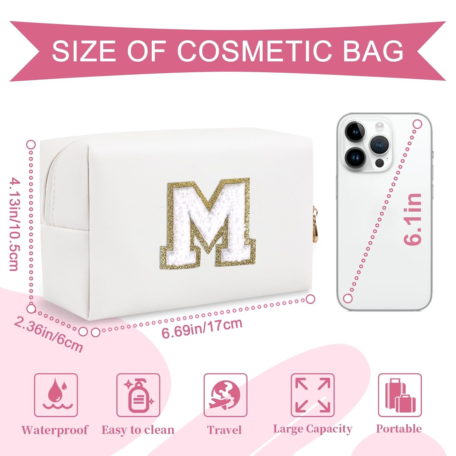Custom Logo Small Personalized Initial A-Z Preppy Patch Makeup Bag White PU Chenille Letter Travel Cosmetic Toiletry Pouch with Zipper Private Label Gift for Teen Girls Women Teachers Bridesmaids Letter M Manufacturer