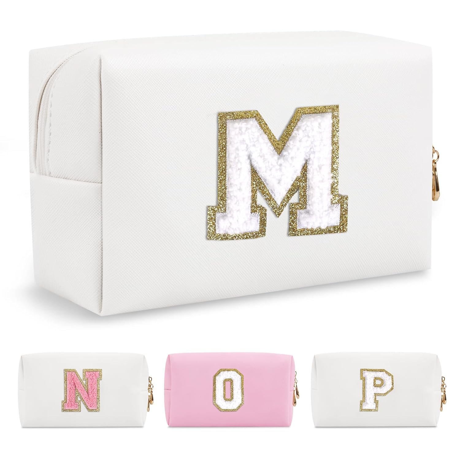 Small Personalized Initial A-Z Preppy Patch Makeup Bag,White PU Chenille Letter Travel Cosmetic Pouch with Zipper,Cute Toiletry Bag,Gift Ideal for Teen Girls Women Teacher Bridesmaid,Letter M