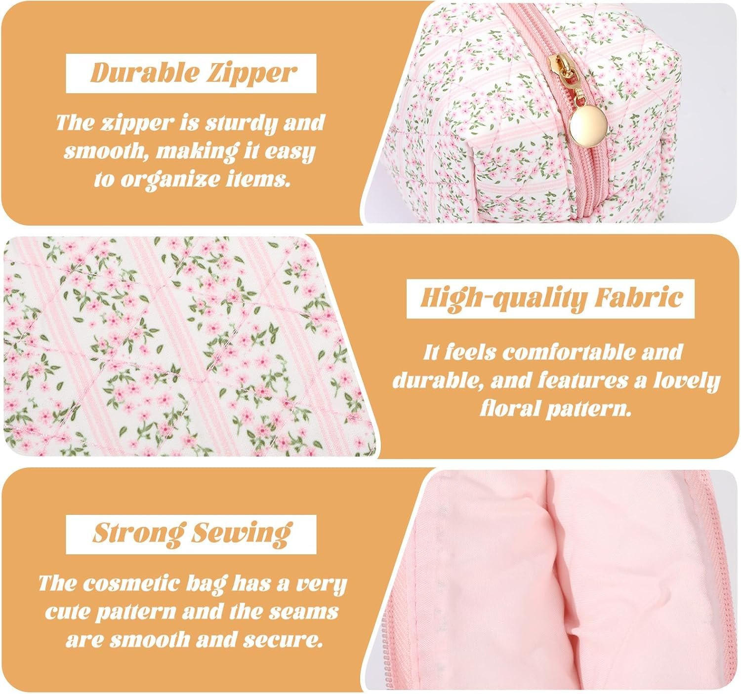 Private Label Quilted Pink Floral Makeup Bag for Women Aesthetic Portable Custom Logo Travel Cosmetic Zipper Toiletry Pouch Manufacturer