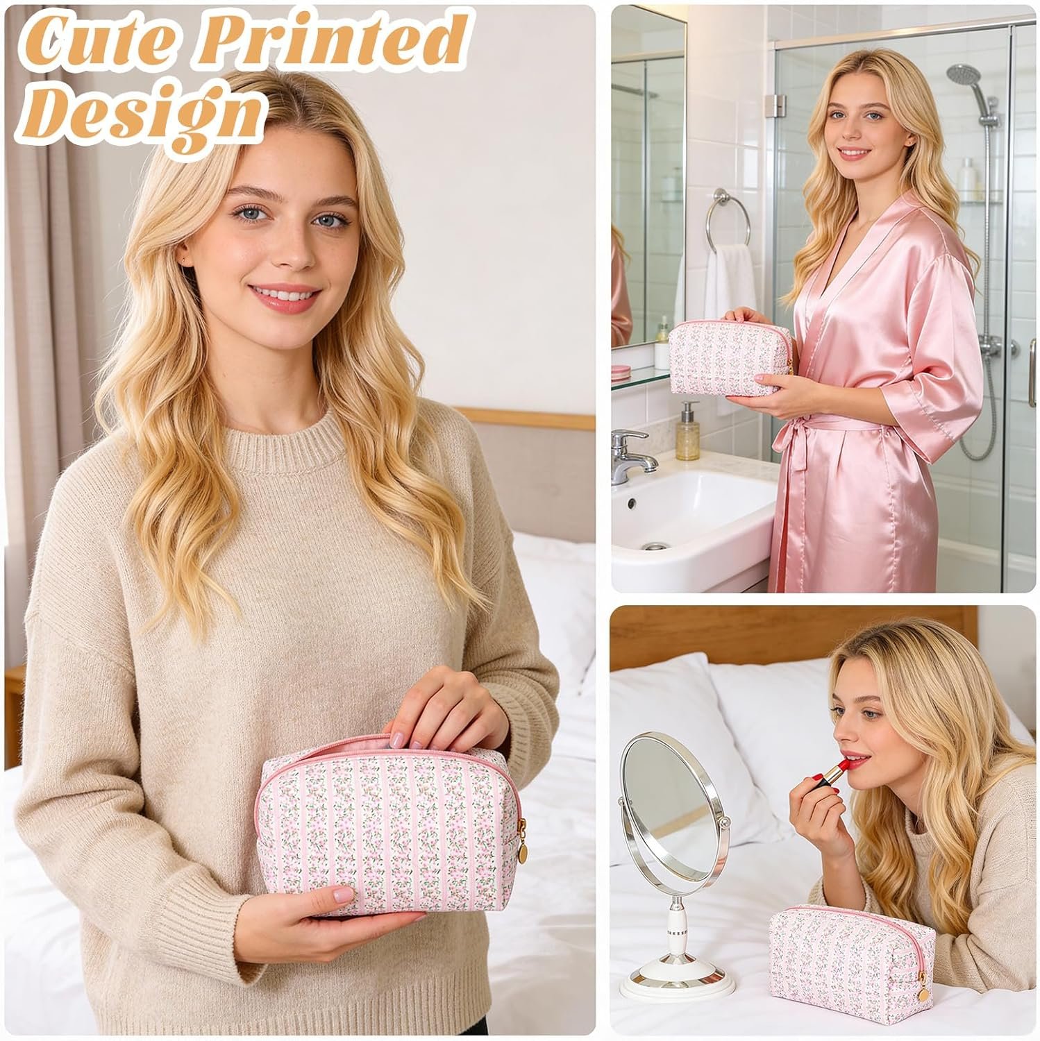 Private Label Quilted Pink Floral Makeup Bag for Women Aesthetic Portable Custom Logo Travel Cosmetic Zipper Toiletry Pouch Manufacturer