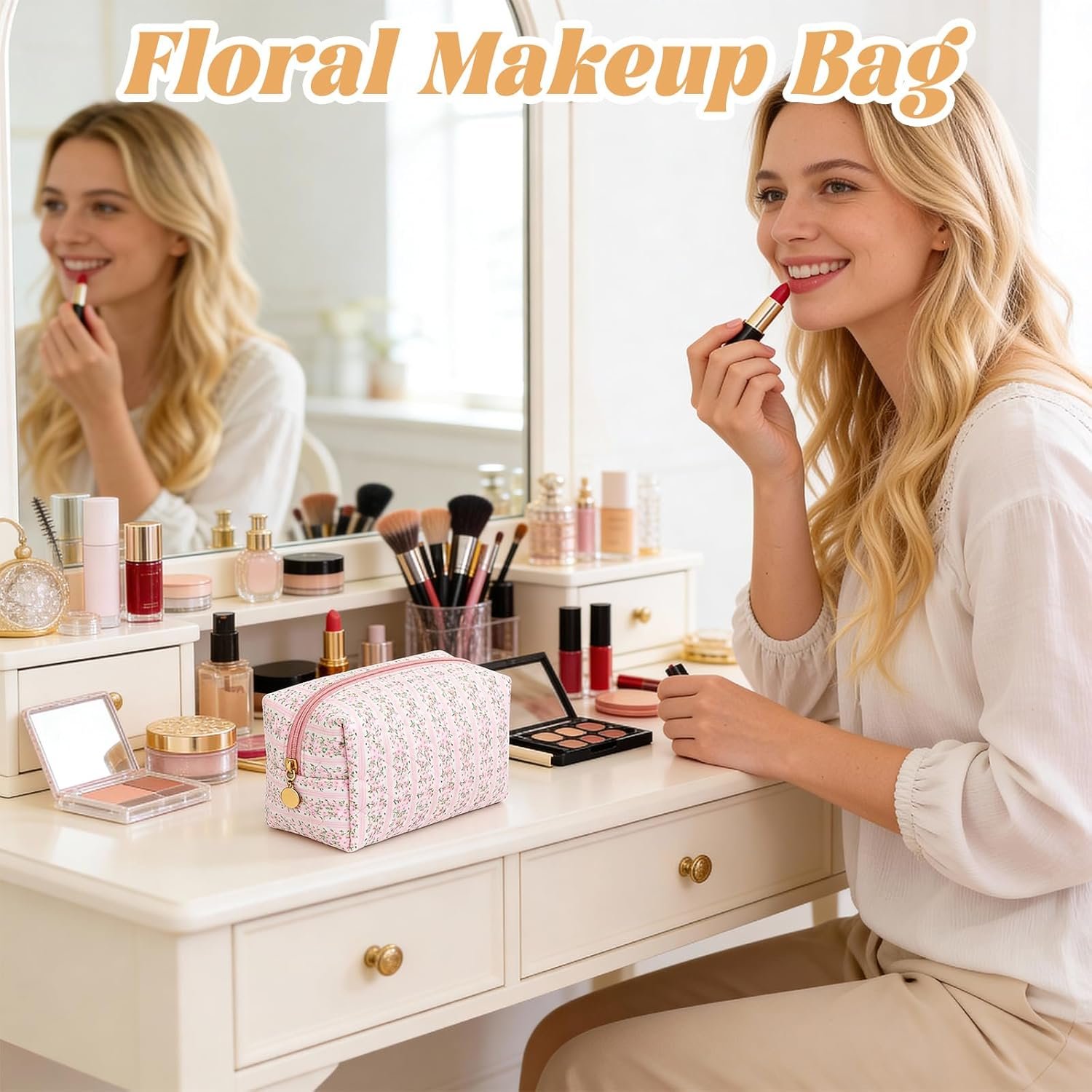 Private Label Quilted Pink Floral Makeup Bag for Women Aesthetic Portable Custom Logo Travel Cosmetic Zipper Toiletry Pouch Manufacturer