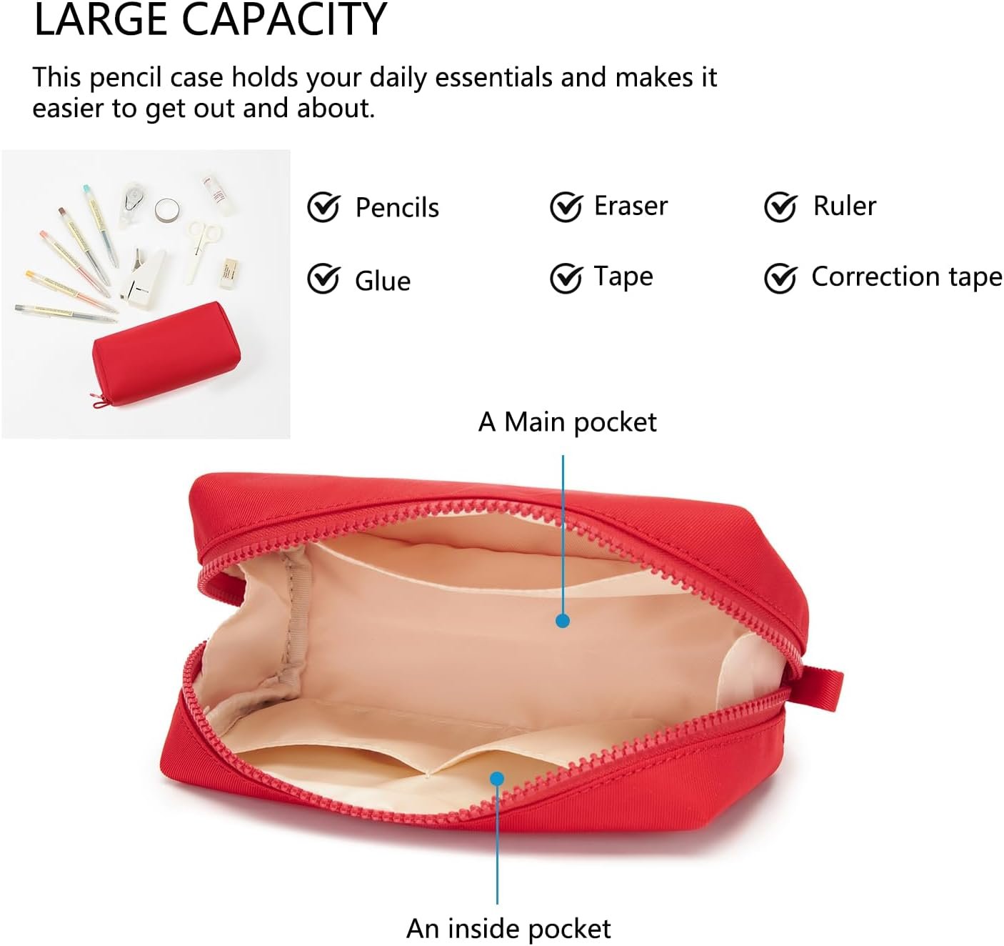 Private Label Durable Oxford Pencil Case Custom Logo Pouch for Pens School Supplies Red Factory