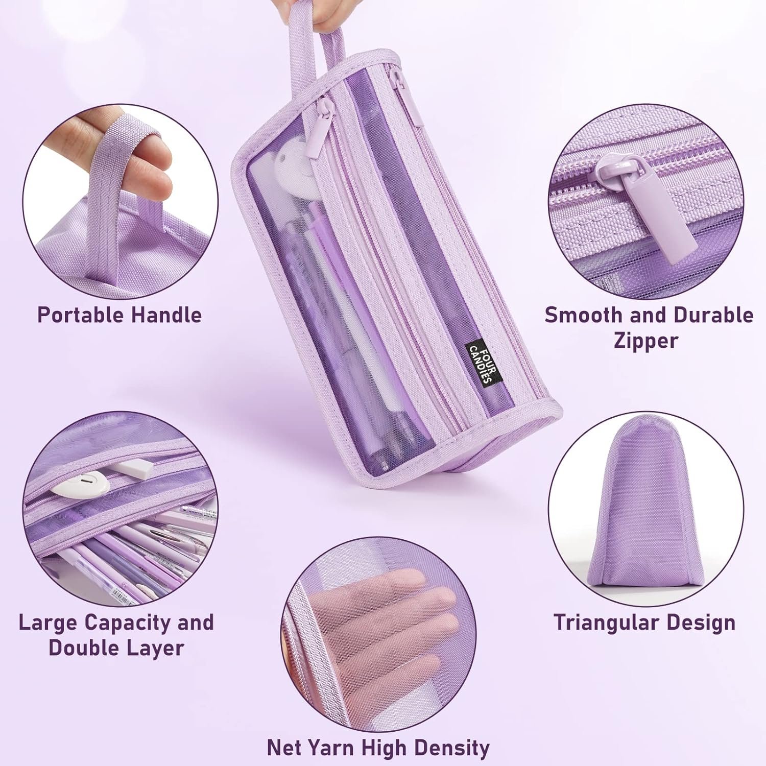 Custom Logo Four Candies Grid Mesh Pencil Case with Handle Zipper Clear Double-Layer Private Label Pencil Pouch Marker Pouch Travel Makeup Bag Manufacturer Transparent Stationery Organizer for Adult Office College