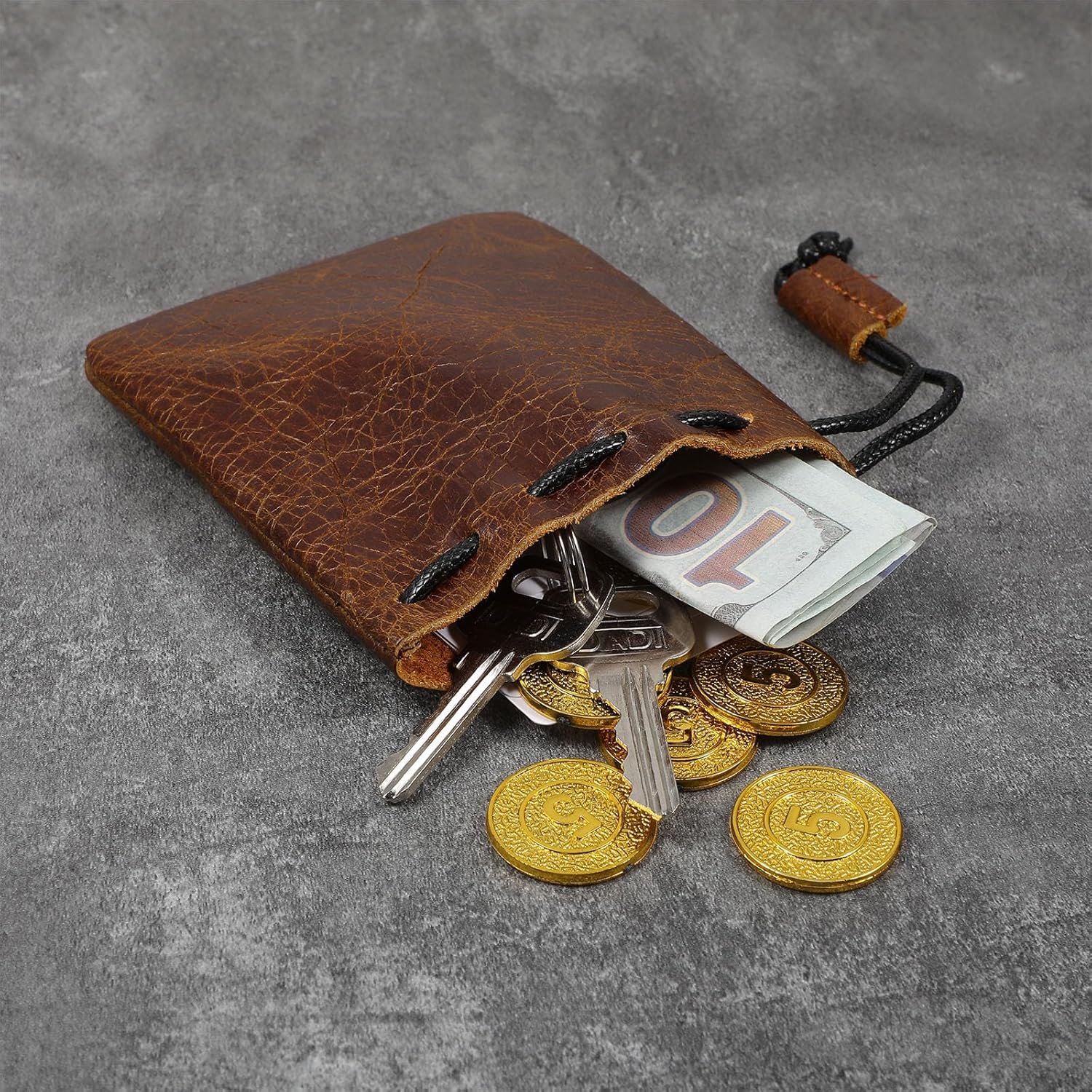 Private Label Leather Drawstring Pouch Cowhide Storage Bag Custom Logo Small Waterproof Vintage Jewelry Coin Purse Manufacturer Wallet Gift (Large)