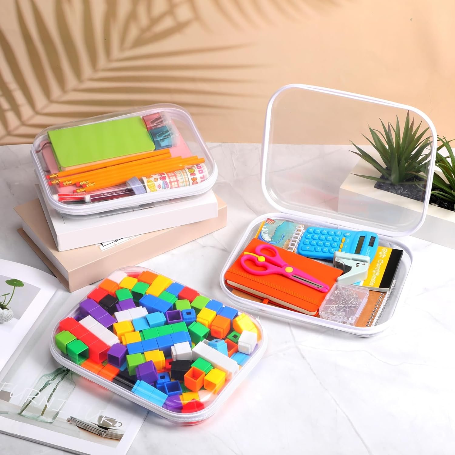 Private Label 3 Pcs Clear Hard Plastic Zipper Makeup Bag Pouches Custom Logo Portable Travel Christmas Storage Organizers for Cosmetics Building Blocks Puzzles (White,M) Manufacturer