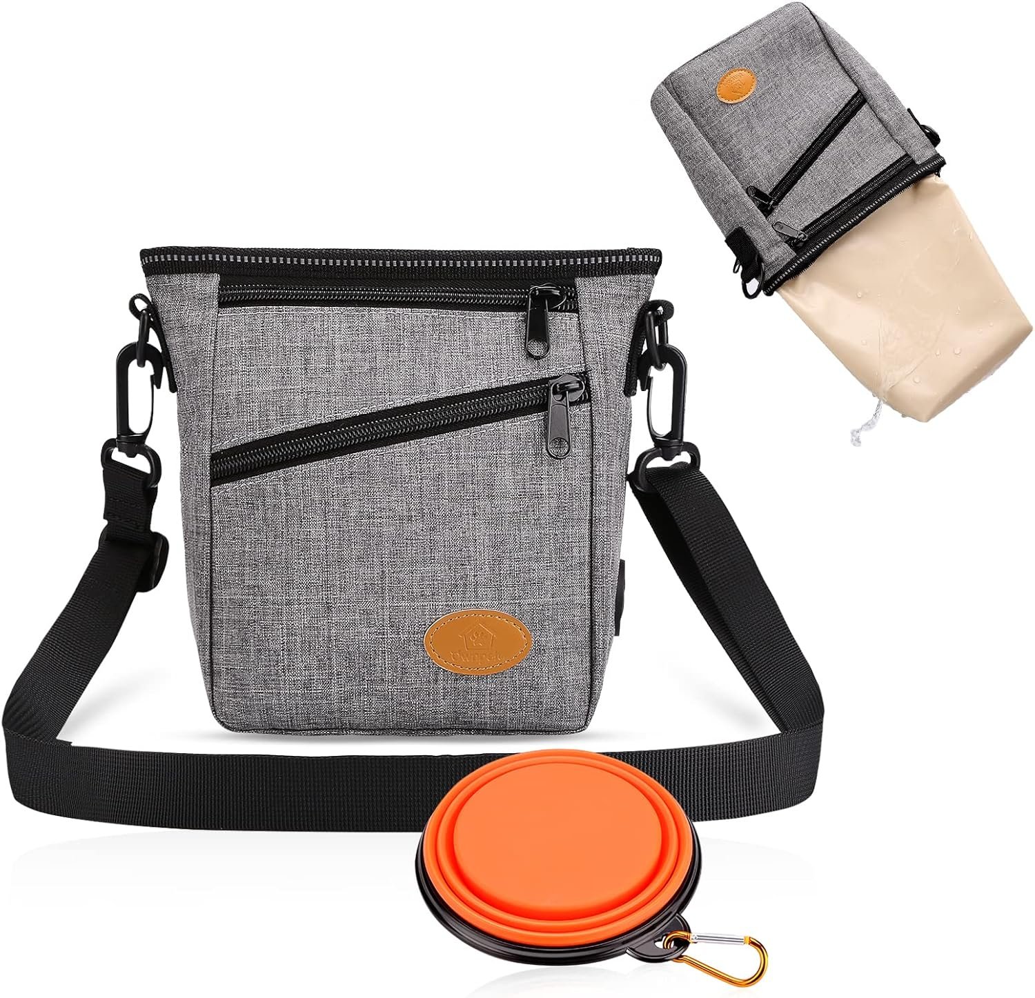 Private Label Dog Training Pouch with Silicone Liner and Collapsible Bowl, Custom Logo Shoulder Strap & Waist Strap Fanny Pack, 4 Ways to Wear for Dog Walking - Grey from Manufacturer