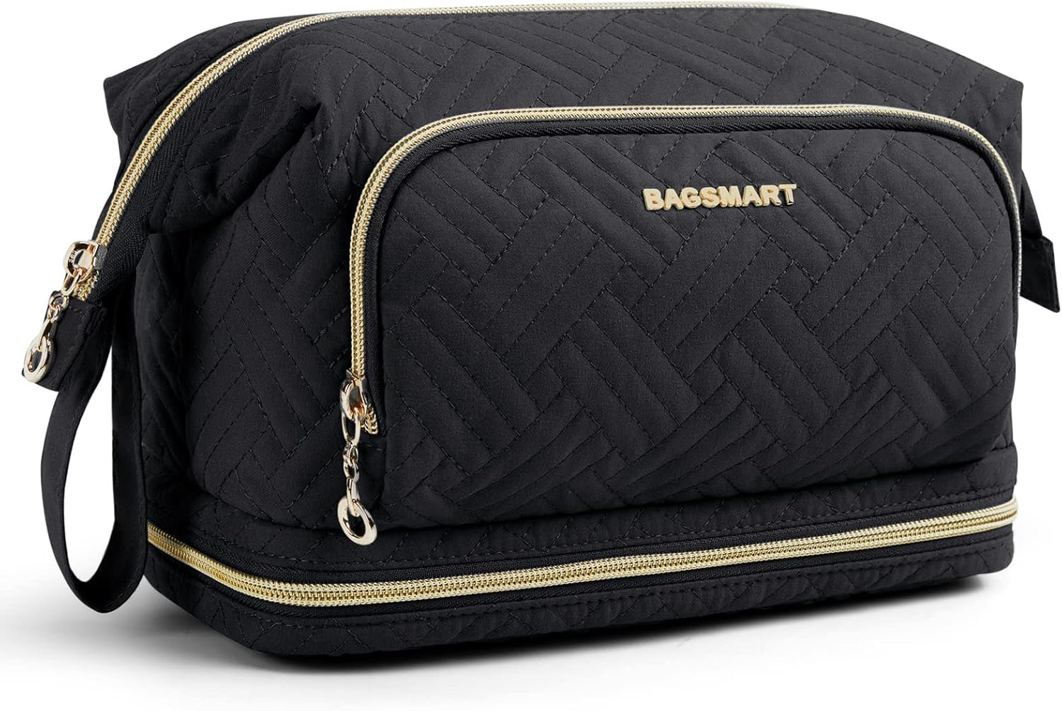 Custom Logo Large Wide-Open Travel Makeup Cosmetic Bag Private Label Double Layer Organizer Pouch Supplier for Toiletries Accessories Brushes Women Black