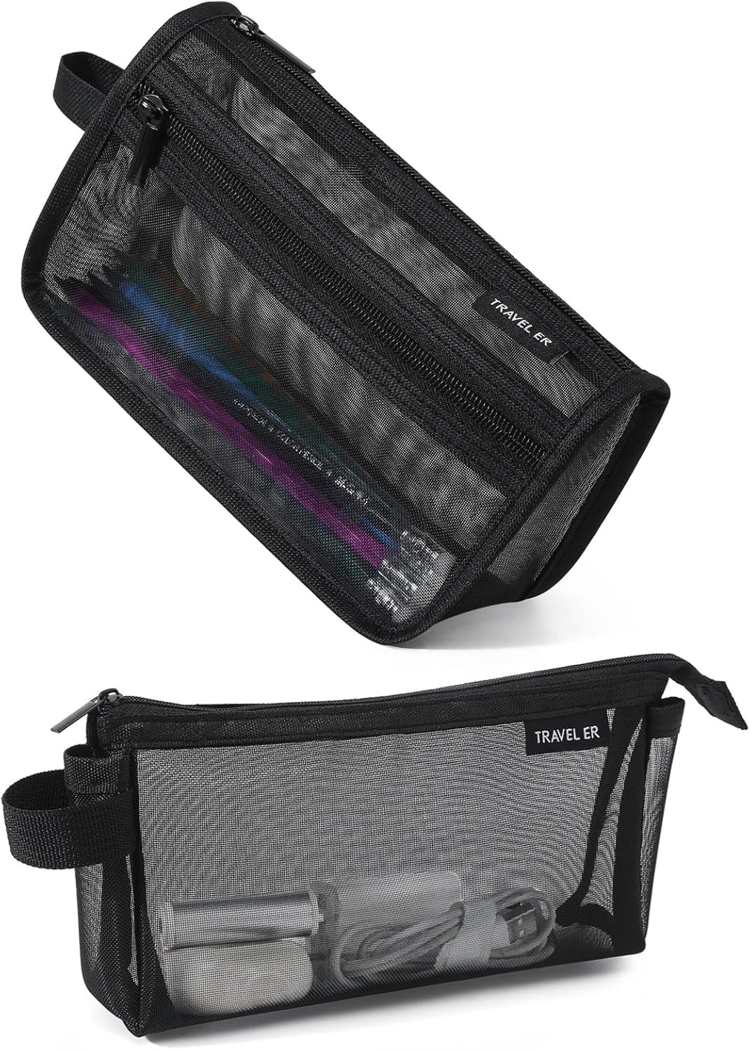 Private Label 2-Pack Grid Mesh Pencil Case with Handle and Zipper Double Layer Clear Pencil Pouch Manufacturer Travel Makeup Bag Small Toiletry Bag for Purse Marker Pouch College Essentials School Supplies Custom Logo Black