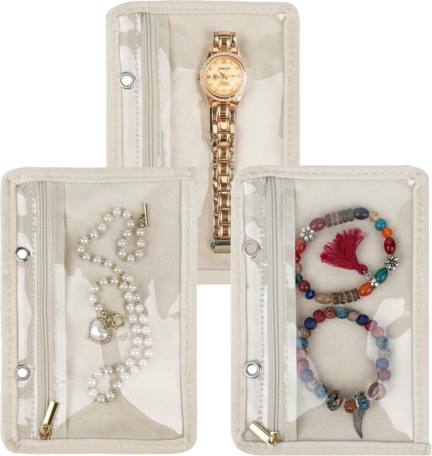 Custom Logo Travel Jewelry Organizer Case Private Label Small Jewelry Bags Storage Book Ring Binder with Clear Zipper Velvet Pouch for Traveling Inner Pages Beige 3 PCS Large Manufacturer