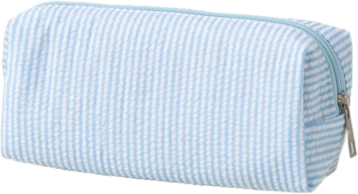 Custom Logo Seersucker Pencil Case Desktop Stationery Large Capacity Embroidery Striped Travel Storage Bag Private Label Multifunctional Cosmetic Pouch Factory Light Blue