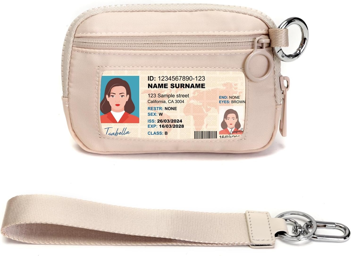 Custom Logo Beige Mini Zip Card Case for Women with Clear ID Window Coin Purse Private Label Lightweight Small Zipper Wallet Factory Portable Organizer